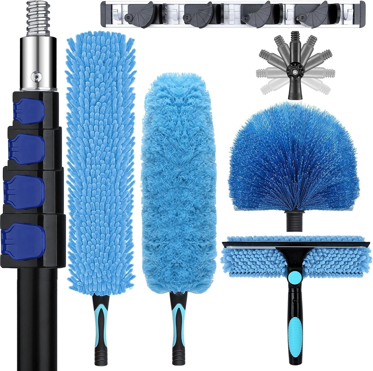 25ft High Ceiling Duster Kits with 5-18ft Heavy Duty Extension Pole - Fan Blade Cleaner, Cobweb Remover & Blue Window Squeegee Kit, Washable Dust Brush for High Roof and Glass Surfaces