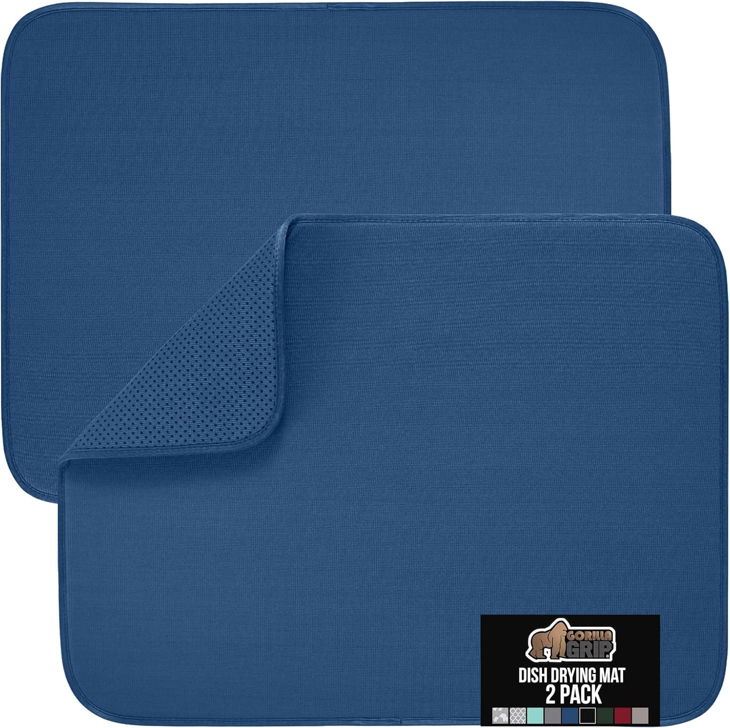 GORILLA GRIP Ultra Water Absorbent Microfiber Dish Drying Mat, Quick Dry Thick Mesh, Slip Resistant Pad for Sink Dishes or Under Rack, Kitchen Counter Accessories, 16x18, Machine Wash, 2 Pack Blue