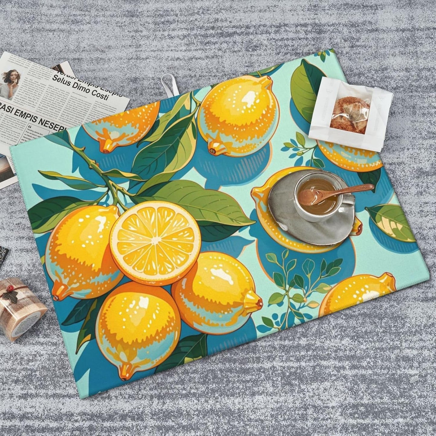 lemon Dish Drying Mat Highly Absorbent Double-Sided Microfiber with Hanging Loop Reversible Drain Dish Rack Mat Drain Mat Suitable for Kitchen Countertop Coffee Bar 18 x 24 Inch