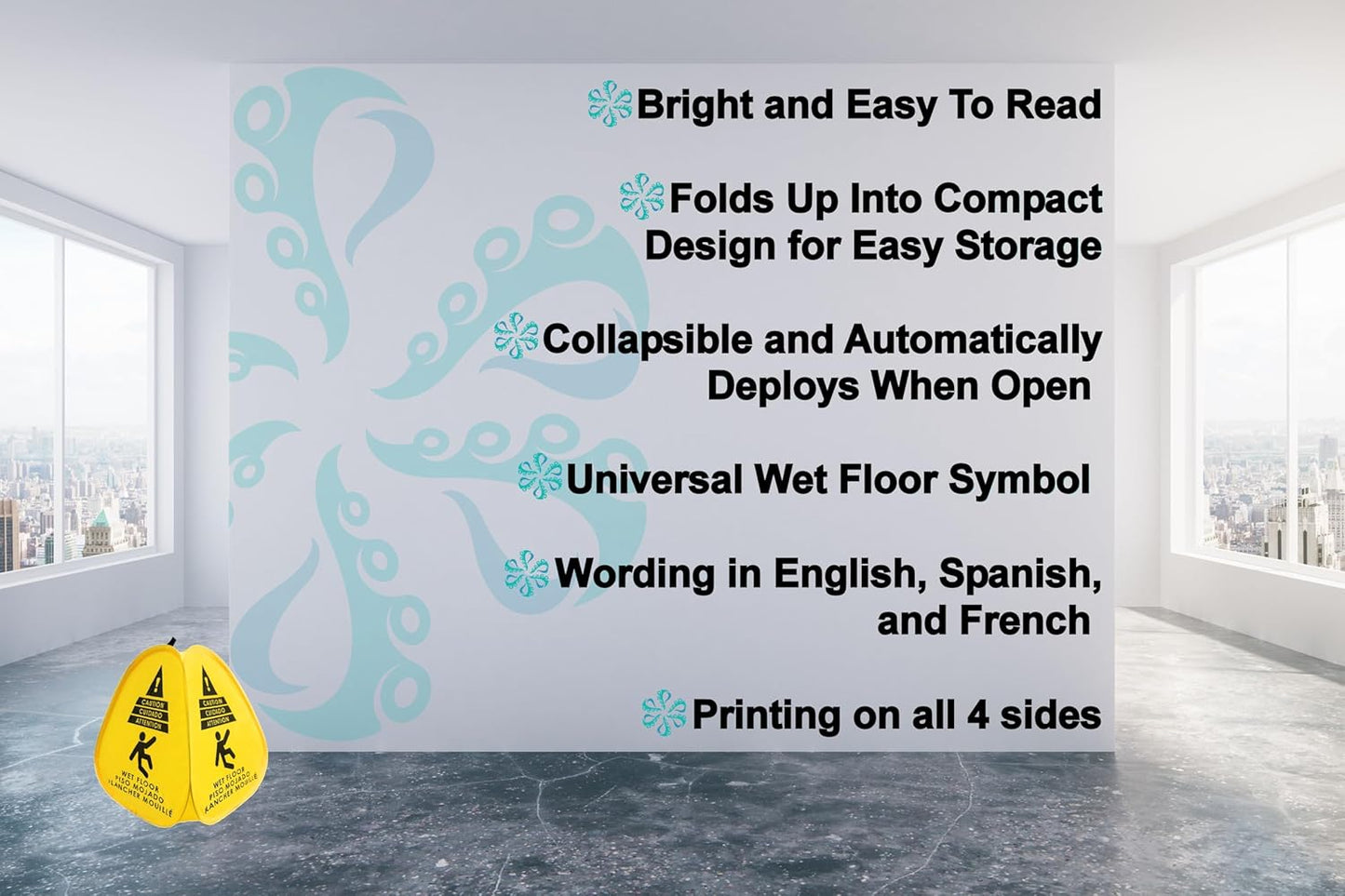 Kraken Sign Co - Pop-up Sign, Yellow 4-Sided Bilingual Trilingual English/Spanish/French Warning, Pop-up Caution Wet Floor Sign 16 inch for Restaurant, Commercial and Industrial Safety. Foldable, Portable, Durable