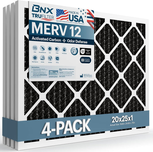 BNX TruFilter 20x25x1 MERV 12 Odor Defense (4-Pack) AC Furnace Air Filter with Activated Carbon - MADE IN USA - Pleated Air Conditioner HVAC AC Furnace Filters - Removes Odor, Mold, Bacteria, Smoke