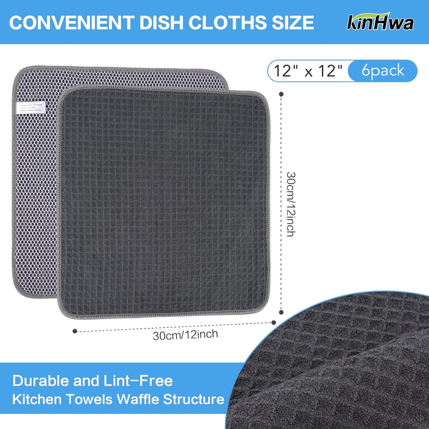 KinHwa Kitchen Washcloths for Dishes Absorbent Microfiber Dish Cloths Quick Dry Dish Rags with Poly Scour Scrub Side Ideal for Kitchen Cleaning (Grag-B, 12inchx12inch 6 Pack)
