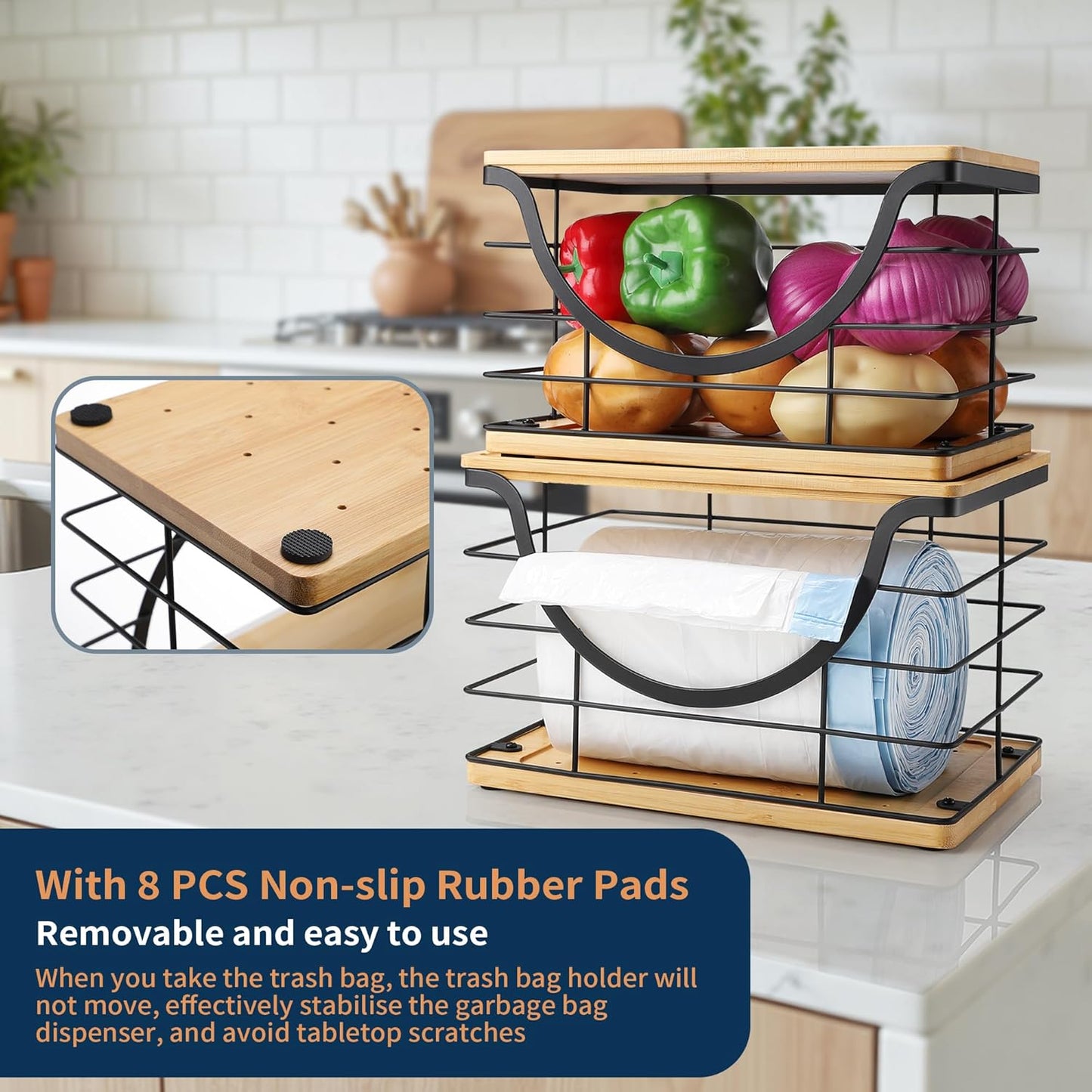 Extra Large Trash Bag Holder Stackable Kitchen Storage, 2 Pack Wall Mounted Pantry Organizers and Storage with Bamboo Top, Garbage Bag Dispenser Under Sink for Laundry Room and Kitchen