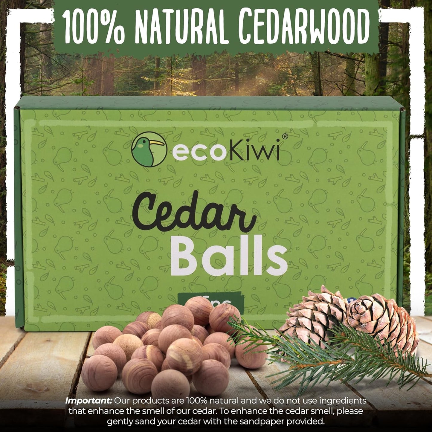 ecoKiwi Cedar Balls for Clothes Storage 75 Pack - 100% Natural Red Cedar Blocks for Clothes Storage - Aromatic Cedar Chips for Closets & Drawers - Cedarwood Oil Planks with Sandpaper & 3 Cotton Bags