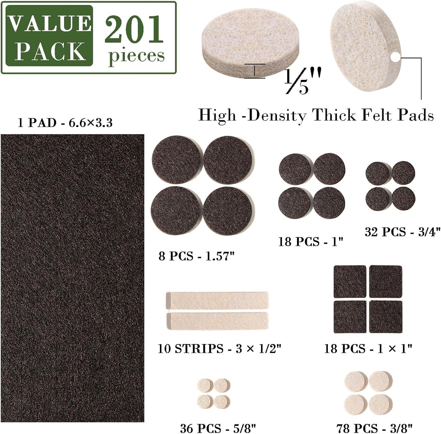 Fursafe&Q Felt Furniture Pads, Furniture Felt Pads for Hardwood Floors -Self Adhesive Chair Leg Floor Protectors, Protect Your Floors from Nicks, Bumps and Scratch, 201 Pcs Brown Beige Chair Feet