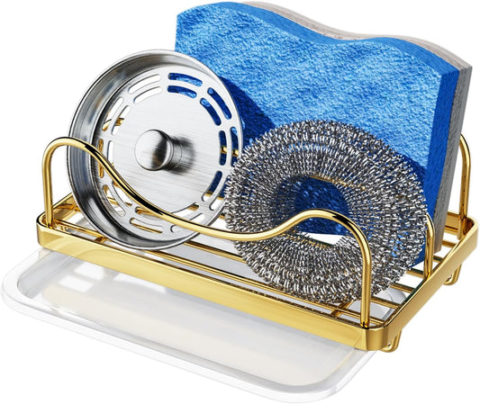 Consumest Sponge Holder for Kitchen Sink - Movable Sink Caddy for Countertop Organizer, 304 Stainless Steel Sponge Holder with Detachable Drip Tray for Kitchen Accessories, Gold