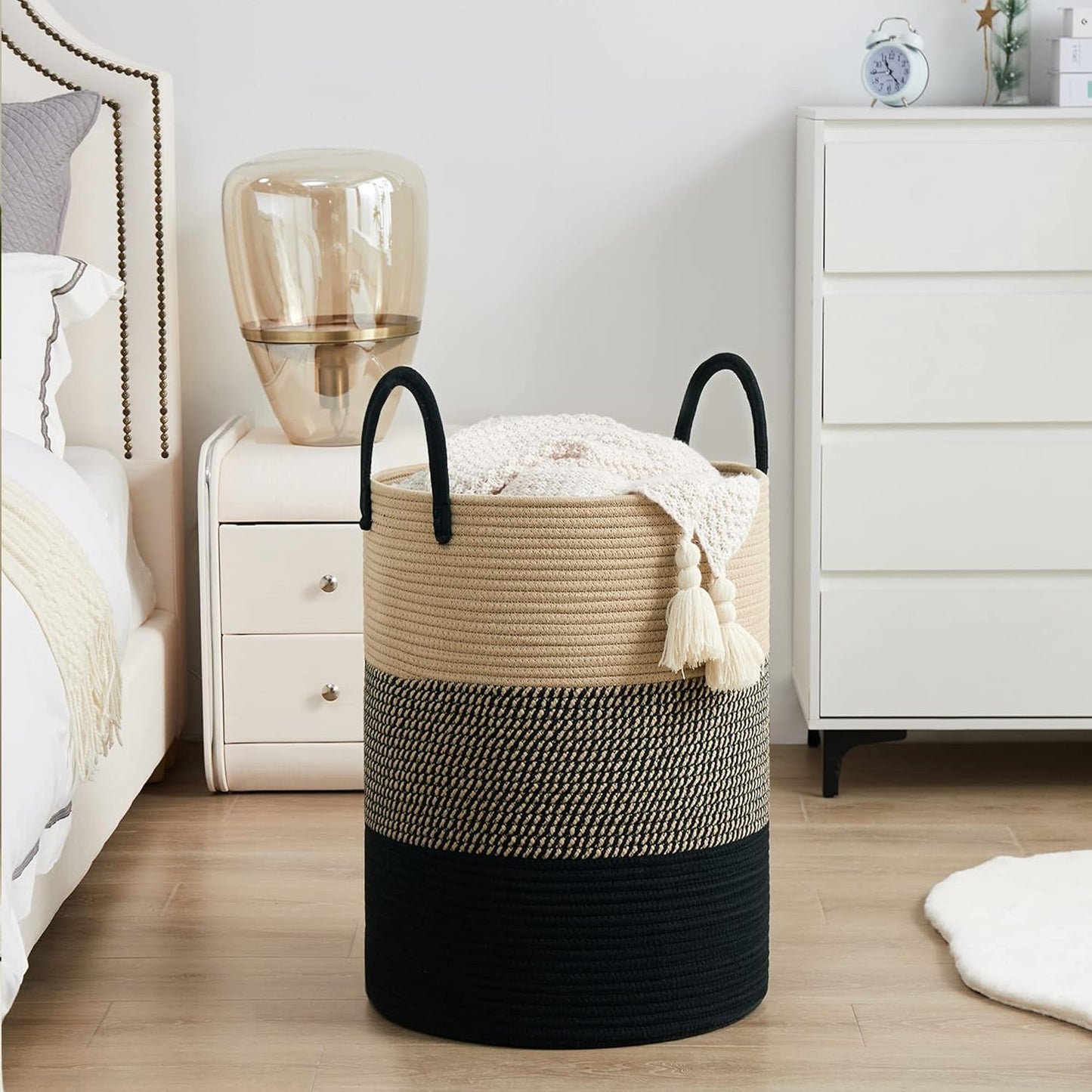 YOUDENOVA Woven Rope Laundry Hamper Basket, 100L Tall Laundry Basket, Baby Nursery Hamper for Blanket Storage, Clothes Hamper for Laundry in Bedroom-Extra Large-Black Brown