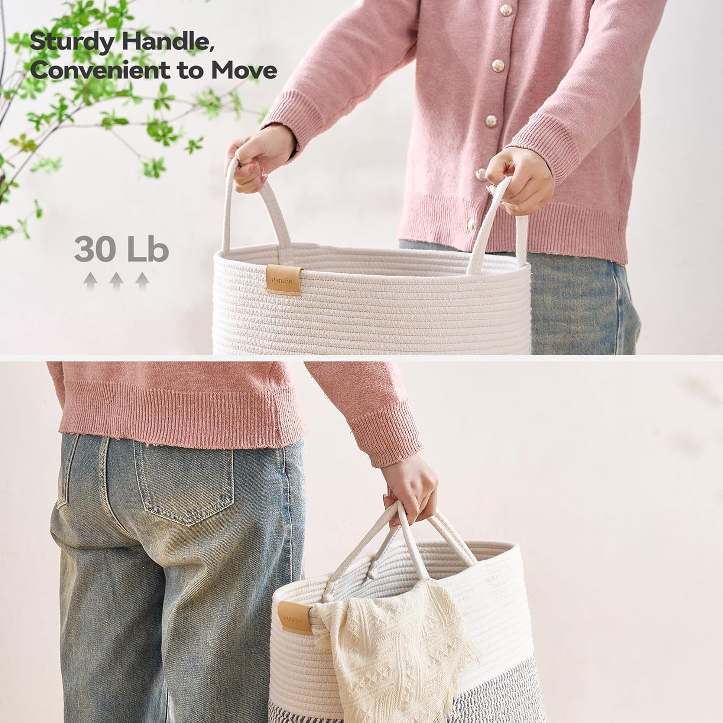 Laundry Hamper 95L,Large Laundry Basket for Clothes,Decorative Storage Basket for Blankets,Cotton Rope Woven basket for bedroom,Grey White