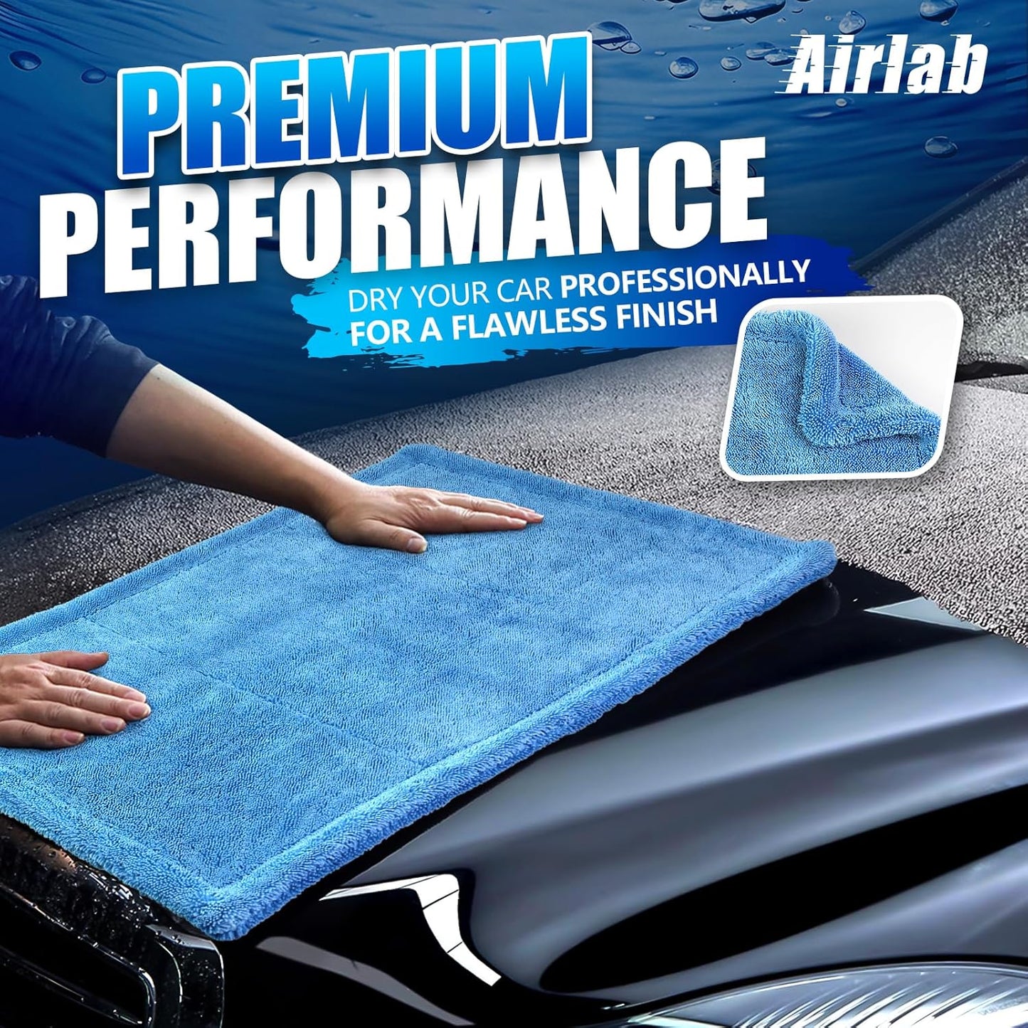 Airlab Car Drying Towel Microfiber Towels for Cars 1200 GSM Wash Auto Detailing Supplies Twist Pile Cleaning Cloth Absorbent Quick Dry Soft Loop Dry Flash Towel, 24 x 16 Inch,Pack of 1, Blue
