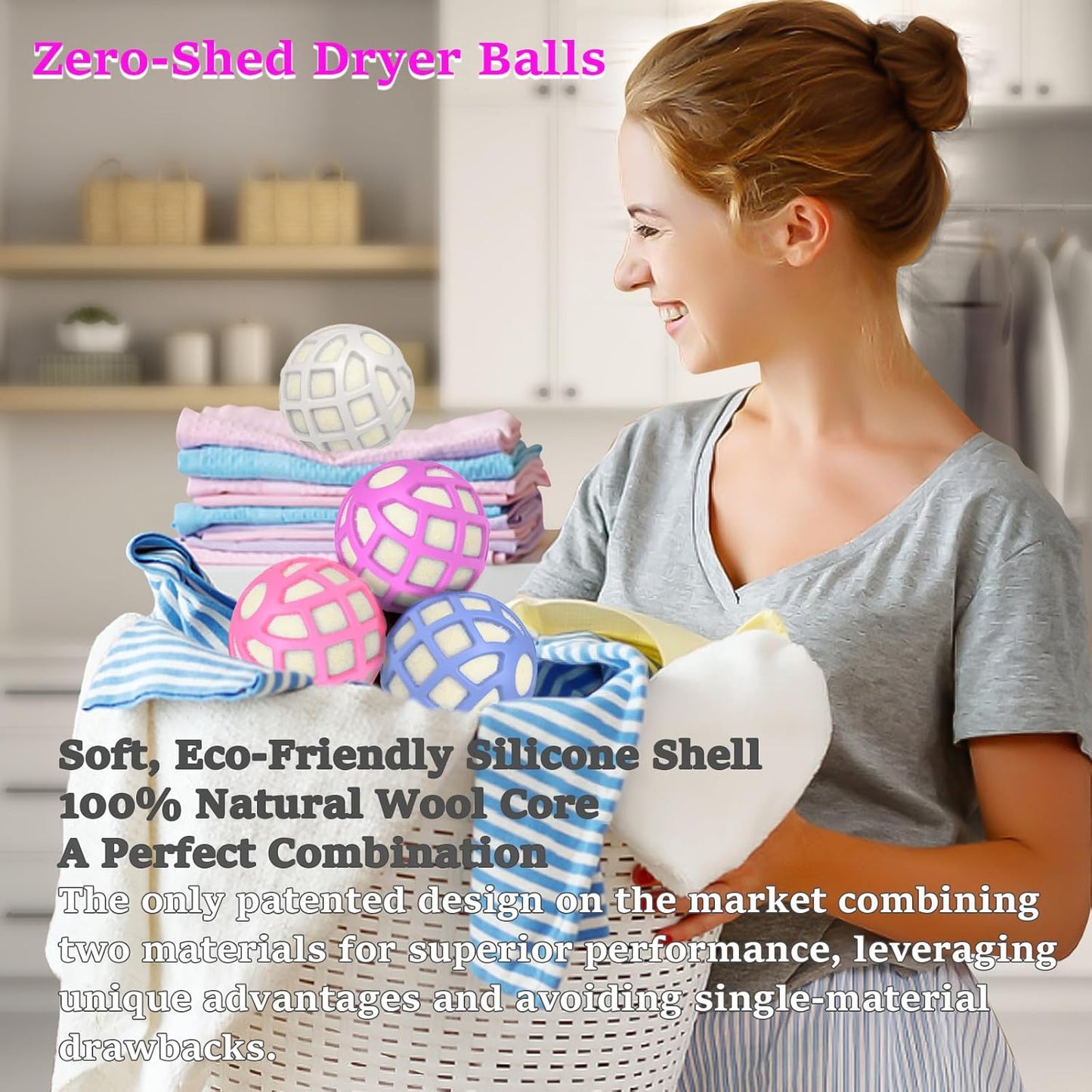 Dryer Balls – Patented Silicone Guard, Natural Wool Core, Super Anti-Tangle & Saves Drying Time, Reduces Static & Noise, Natural Fabric Softener, XL 3" (Pink Light Blue Lavender, Pack of 6)