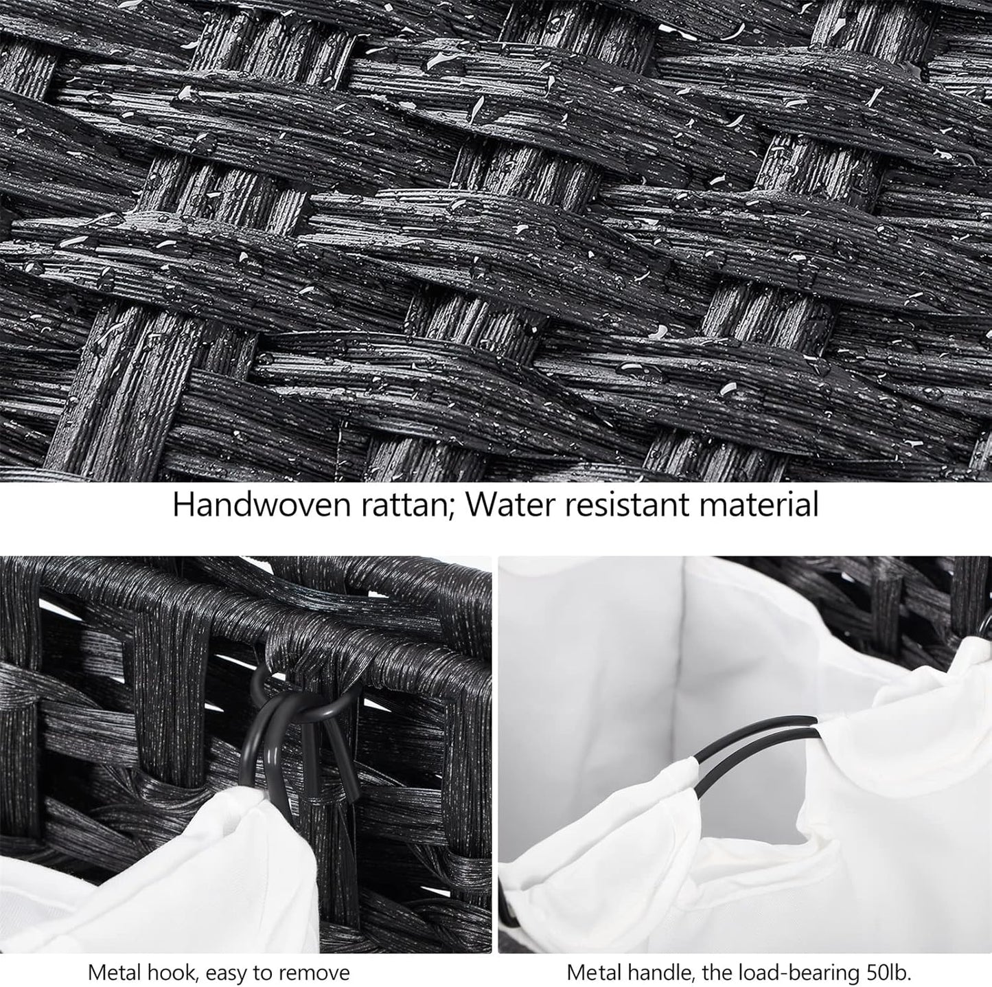 Laundry Hamper with 3 Removable Liner Bags; 132L Handwoven Rattan Laundry Basket with Lid & Heightened Feet; Clothes Hamper with Side Handles; Laundry Sorter with 3 Separate Sections (Black)