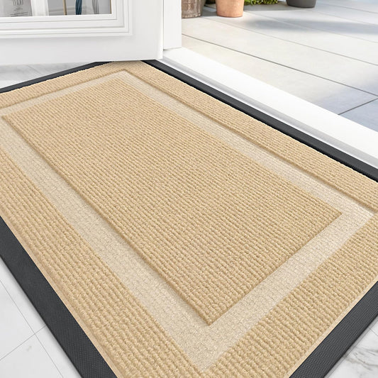 OLANLY Front Door Mat Indoor Outdoor Entrance, Waterproof All-Season, All-Weather Doormat, Sturdy Natural Rubber, Fade Resistant, Low Profile, Easy Clean Patio Porch Entryway Mat, 47x24, Beige