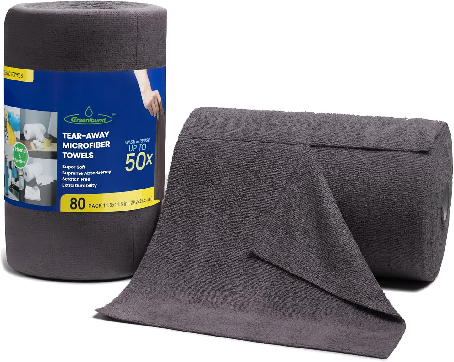Greenfound Microfiber Cleaning Cloth Roll -80 Pack, 11.5x11.5, Tear Away Towels, Reusable and Washable Rags, Grey
