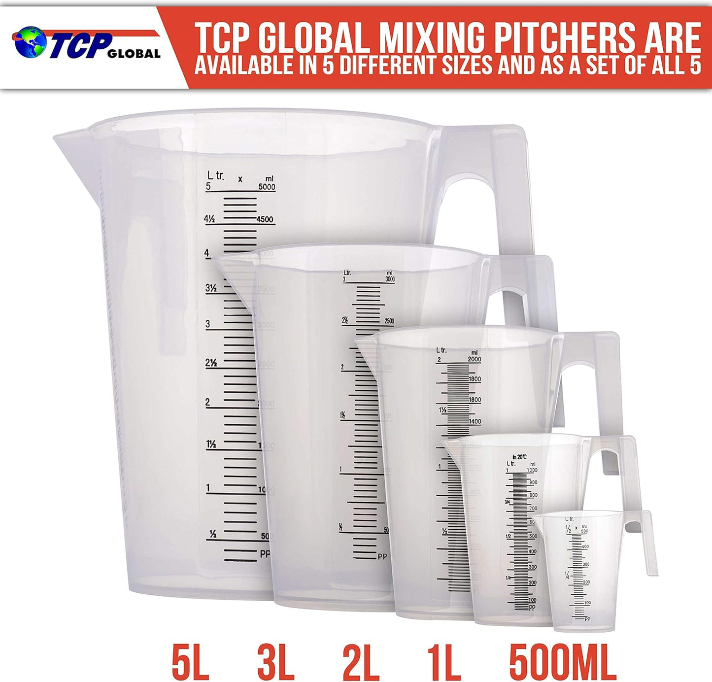 TCP Global 5 Liter (5000ml) Gallon Plastic Graduated Measuring and Mixing Pitcher (Pack of 3) - Holds 5 Quarts 1.25 Gallons- Pouring Cup, Measure & Mix Paint, Resin, Epoxy, Kitchen Cooking Baking