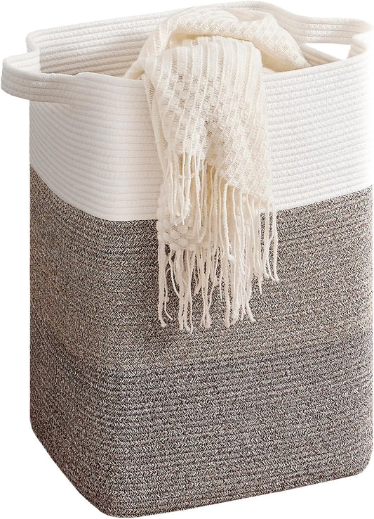 CLHMILY&Z 75L Laundry Hamper Rectangular Cotton Rope Basket - 16x13x22 Inches - Durable and Soft Storage Bin for Clothes, Toys, and Nursery Essentials, Brown & White