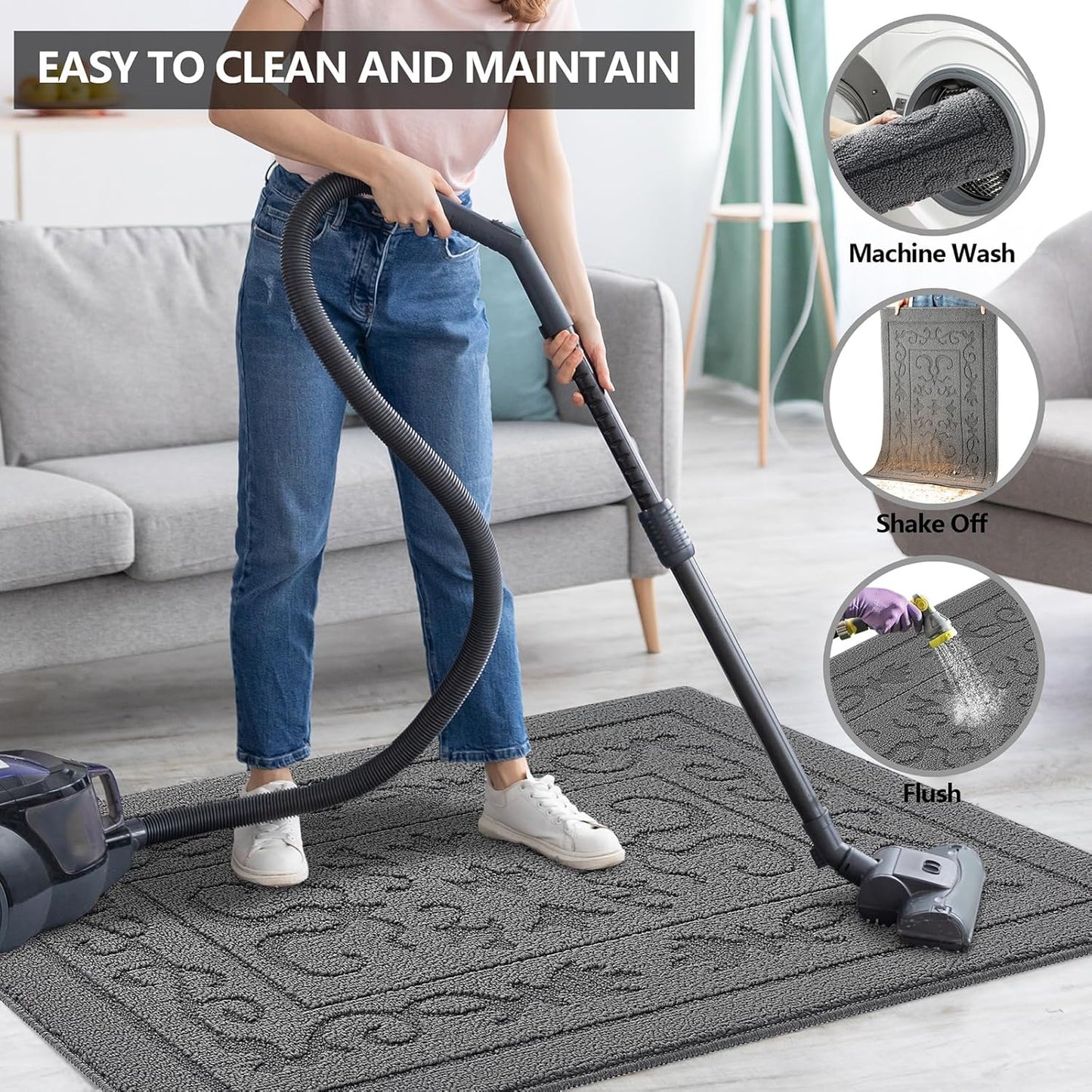 FONEYI Indoor Door Mat 24" x 36", Dirt Trapper Door Mats Non-Slip Entryway Rugs Washable, Absorbent Resist Dirt Welcome Mat, Low Profile Inside Floor Mats for Front Back Door and Entryway, Grey