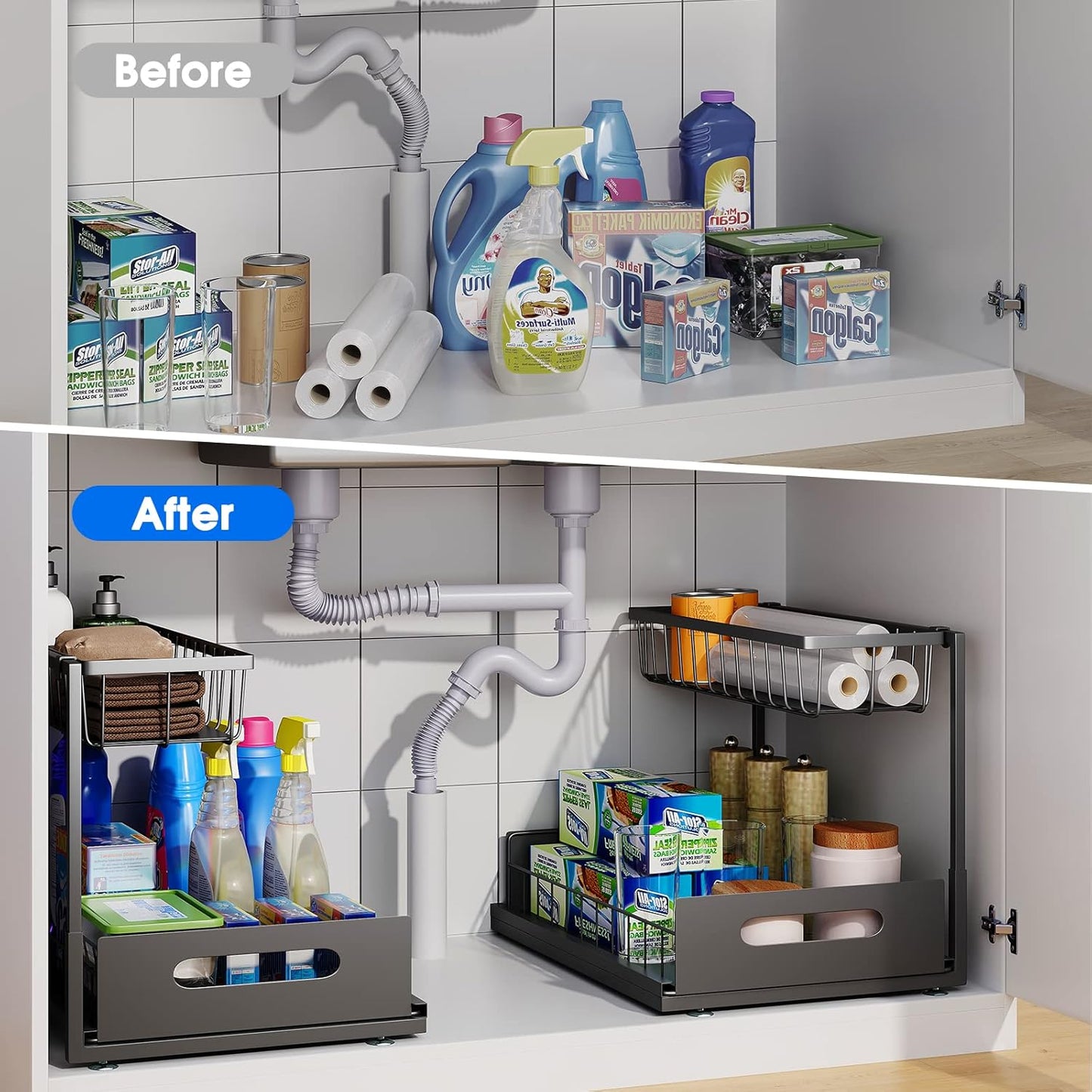 Under Sink Organizer, 2 Tier Under Sink Organizers and Storage Multi-Purpose Under Sink Storage for Bathroom Kitchen (Black)