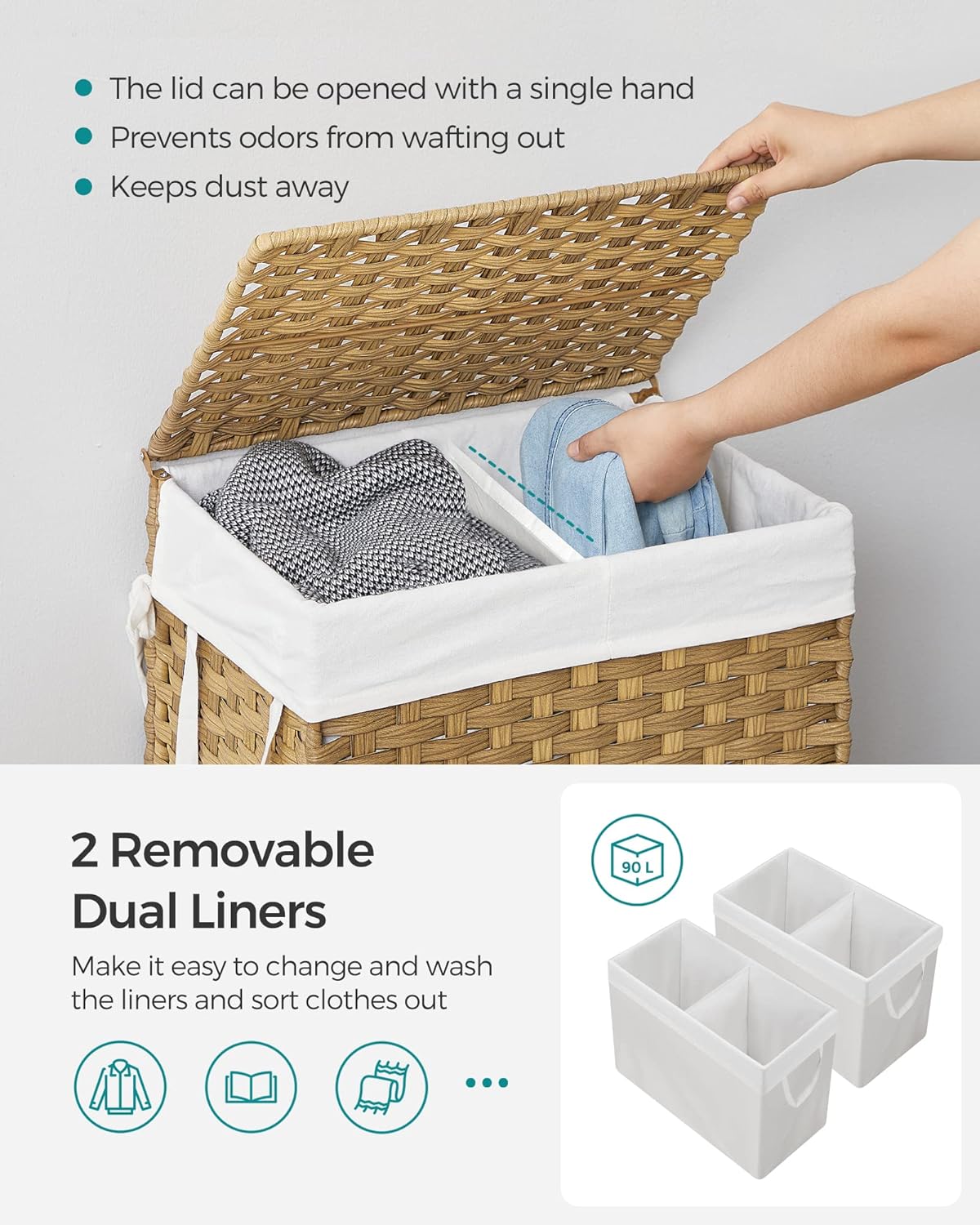 SONGMICS Laundry Hamper with Lid, 90L Clothes Hamper with 2 Removable Liner Bags, 6 Mesh Bags, Wicker Laundry Basket, Double Laundry Hamper for Bathroom, 13 x 18.1 x 23.6 Inches, Natural ULCB251N01V1
