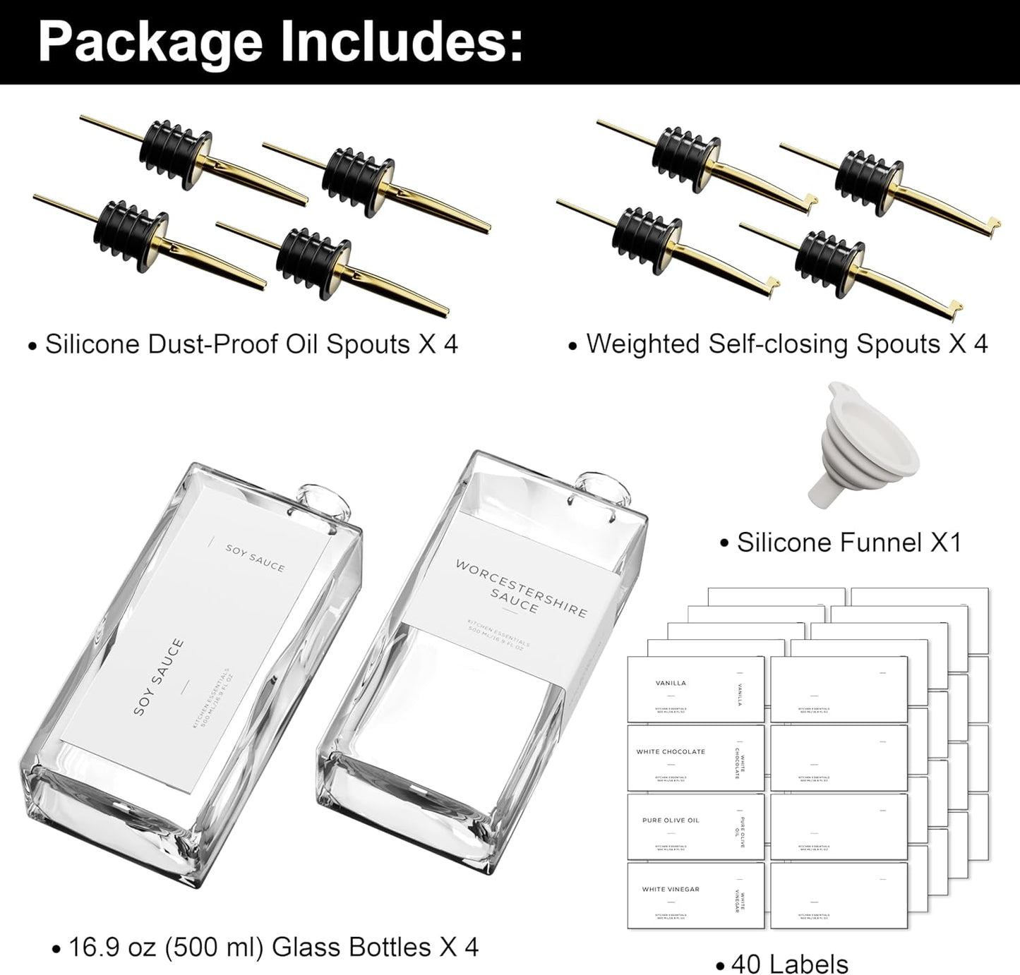 Olive Oil Dispenser for Kitchen, 16.9 oz/ 500 ml Olive Oil Dispenser Bottle, Glass Oil Bottles for Kitchen with 8 Stainless Steel Pourers, 40 Labels, 4 Pcs, Gold
