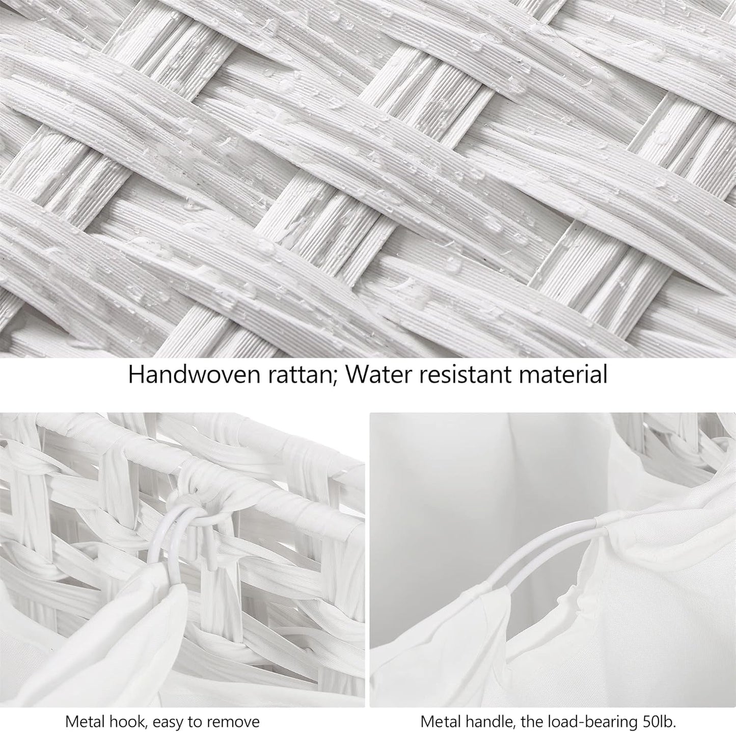 Laundry Hamper with 3 Removable Liner Bags; 132L Handwoven Rattan Laundry Basket with Lid & Heightened Feet; Clothes Hamper with Side Handles; Laundry Sorter with 3 Separate Sections (White)