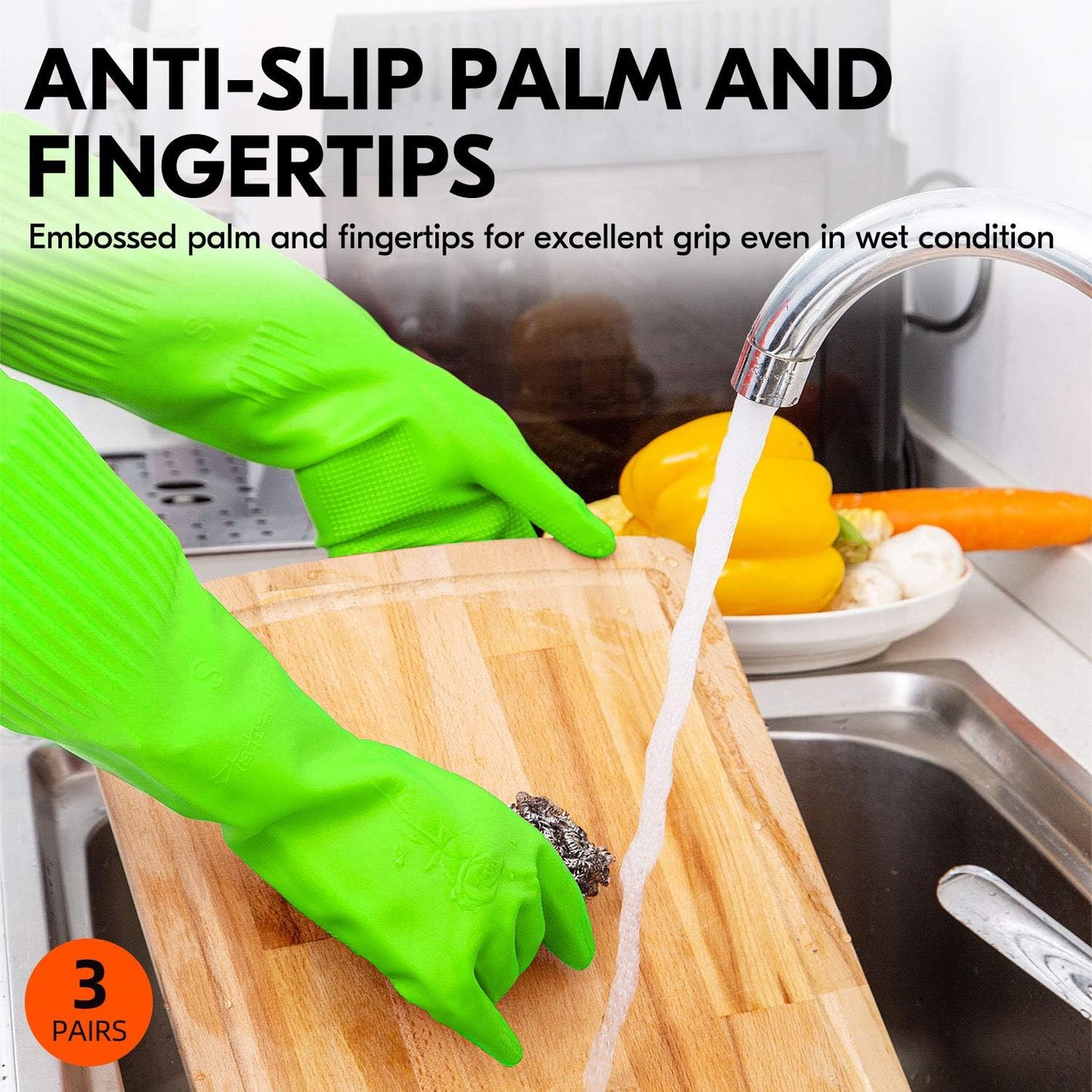 Vgo... 3-Pairs Dishwashing Gloves - Reusable Household, Kitchen, Long Sleeve, Thick Latex, Cleaning, Washing, Working, Painting, Gardening, Pet Care (Size L, Green, RB2143)