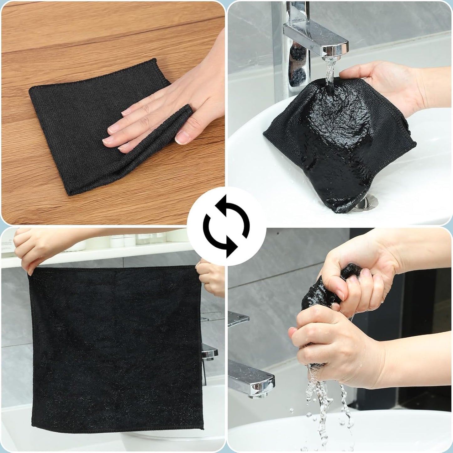 200 Pieces Microfiber Cleaning Cloths Bulk Absorbent Microfiber Towels Reusable Lint-Free Streak Free Wash Rags for House Kitchen Office Restaurants Bar Shop Car, 12 x 12 Inches (Black)