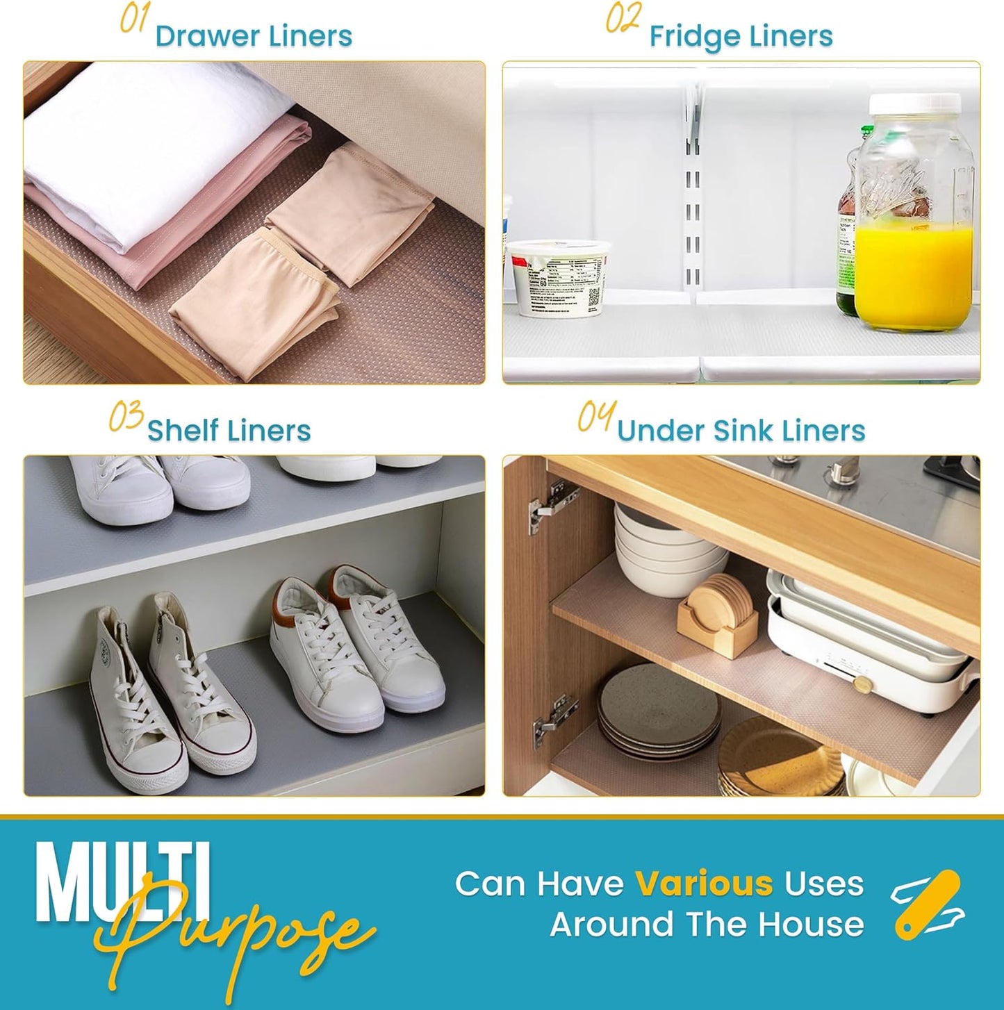 Refrigerator Liners for Shelves (8 Pack) by Linda’s Essentials - Non-Adhesive Drawer and Shelf Liner, BPA-Free Fridge Mats for Kitchen & Cabinets, Easy to Clean, Ideal Household Essentials (Clear)