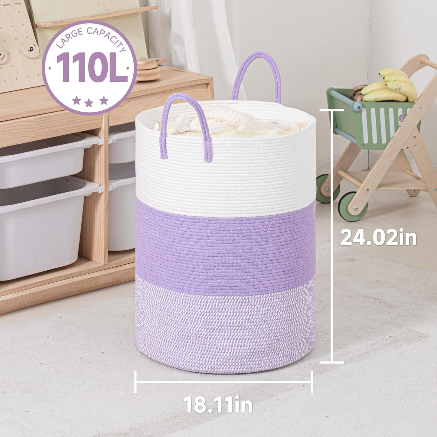 CLHMILY&Z 100L Laundry Basket Round Storage Rope Basket - 18.1x24 Inches - Lavender Hamper in Bedreoom and Cute Storage Bin for Blankets, Toys, and Nursery Essentials
