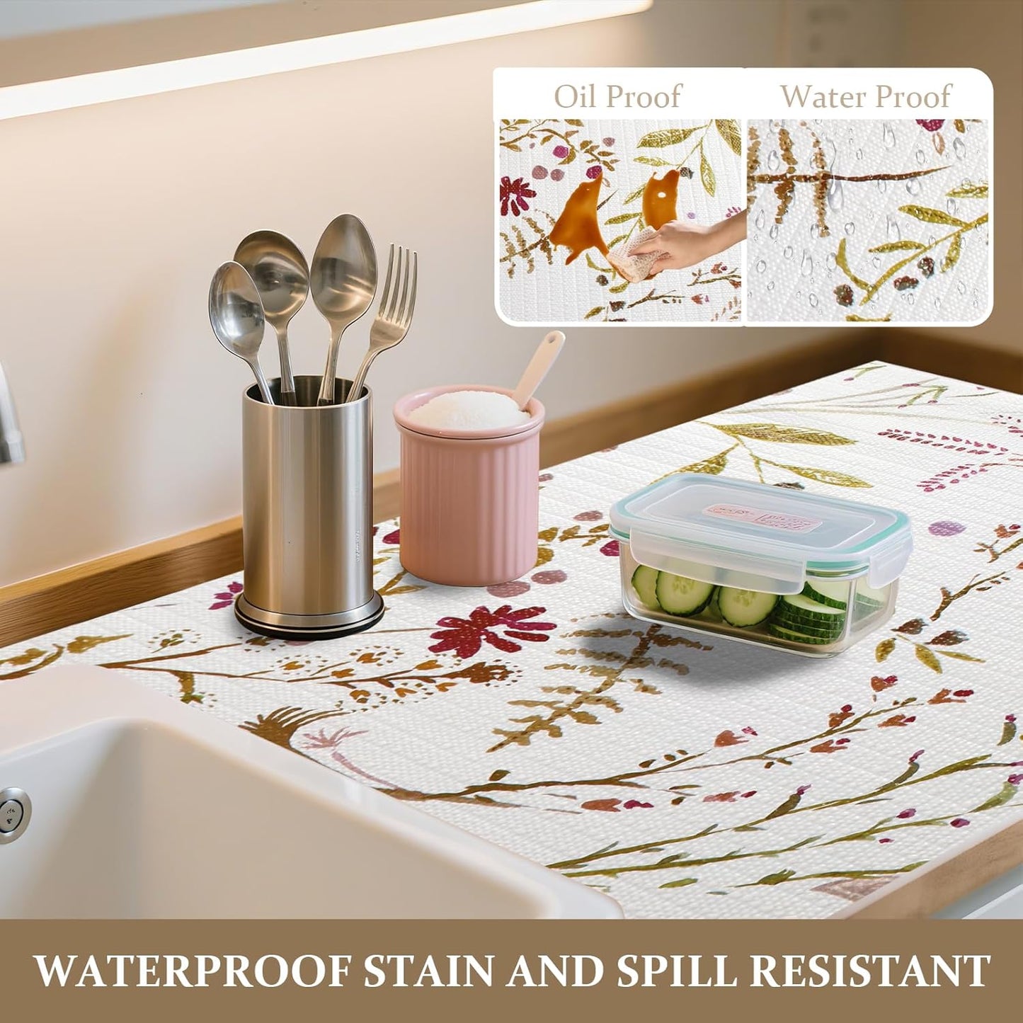 FINNEZ Shelf and Drawer Liner 17in x 20FT with Cutting Tool, Non Slip Non Adhesive Drawer Liners for Kitchen Cabinets, Waterproof Floral Cabinet Liner for Shelves, Refrigerator