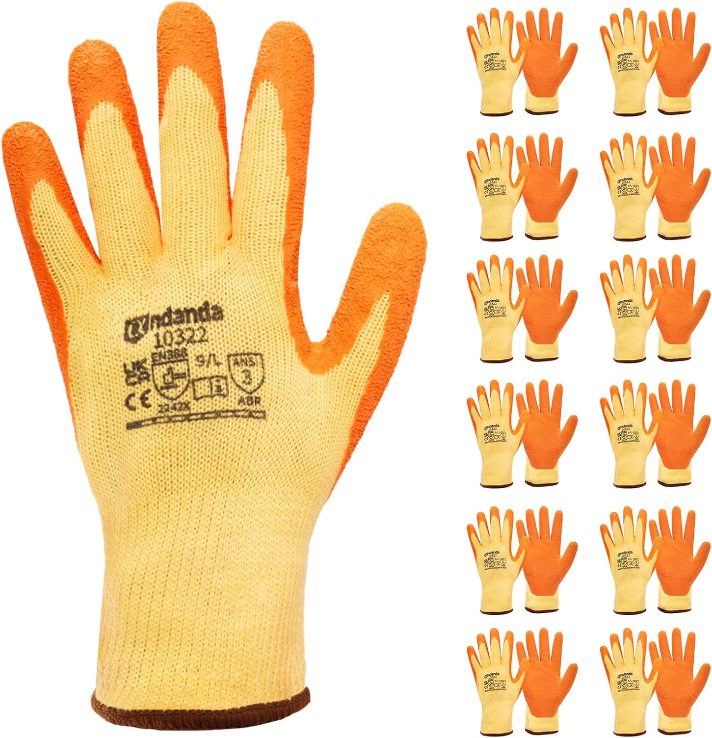 ANDANDA 1/3/12 Pairs Safety Work Gloves, Seamless Knit Work Gloves with Latex Coated Suitable for Men & Women, Orange