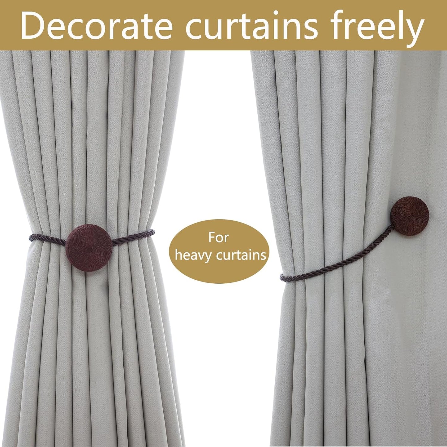 Magnetic Curtain Tiebacks - 12mm Magnetic Tie Backs for Curtains, Heavy Duty No Drill Curtain Holdbacks for Home/Office Windows Drapes, Elegant Gift-Ready Design 7 Colors (2, Coffee)
