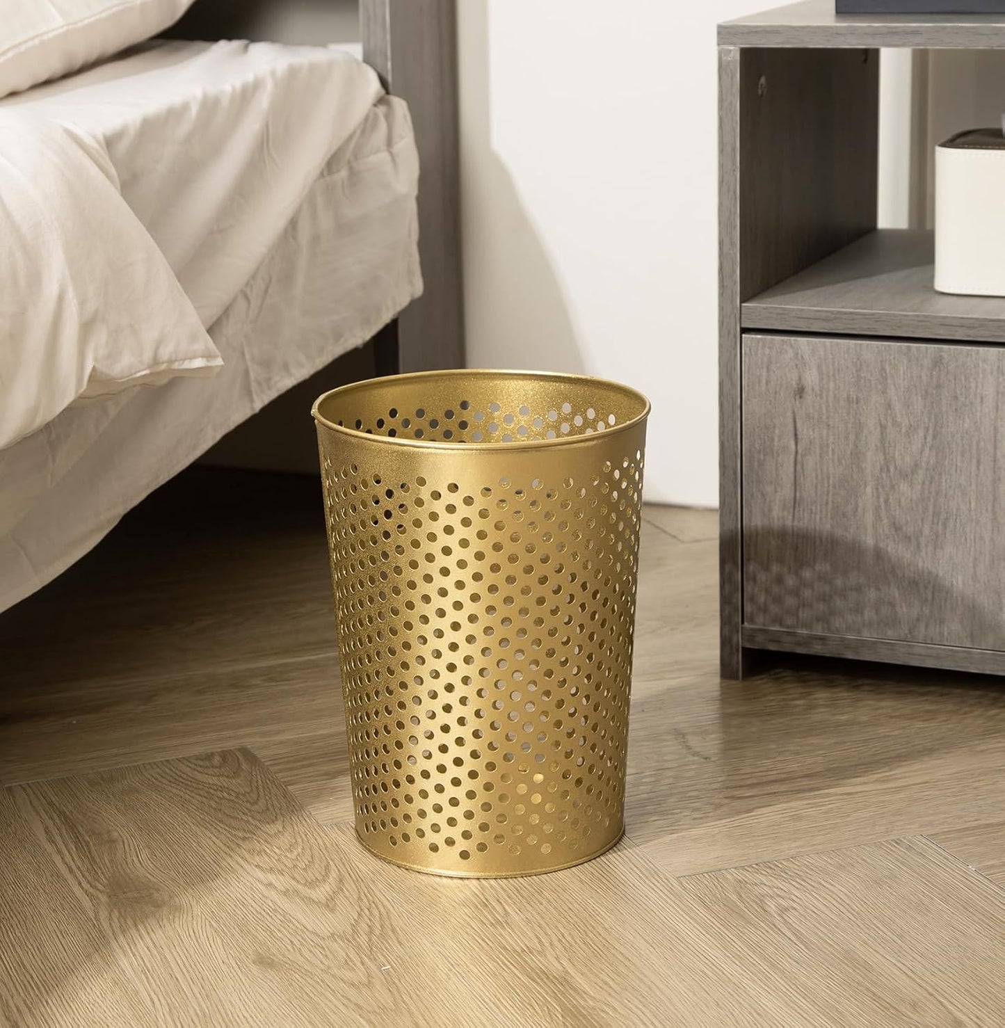 Small Gold Metal Trash Can Wastebasket, Decorative Hollow-Out Garbage Can Waste Paper Bin, Modern Farmhouse Round Trash Bin for Bathroom, Bedroom, Kitchen and Office (Dots)