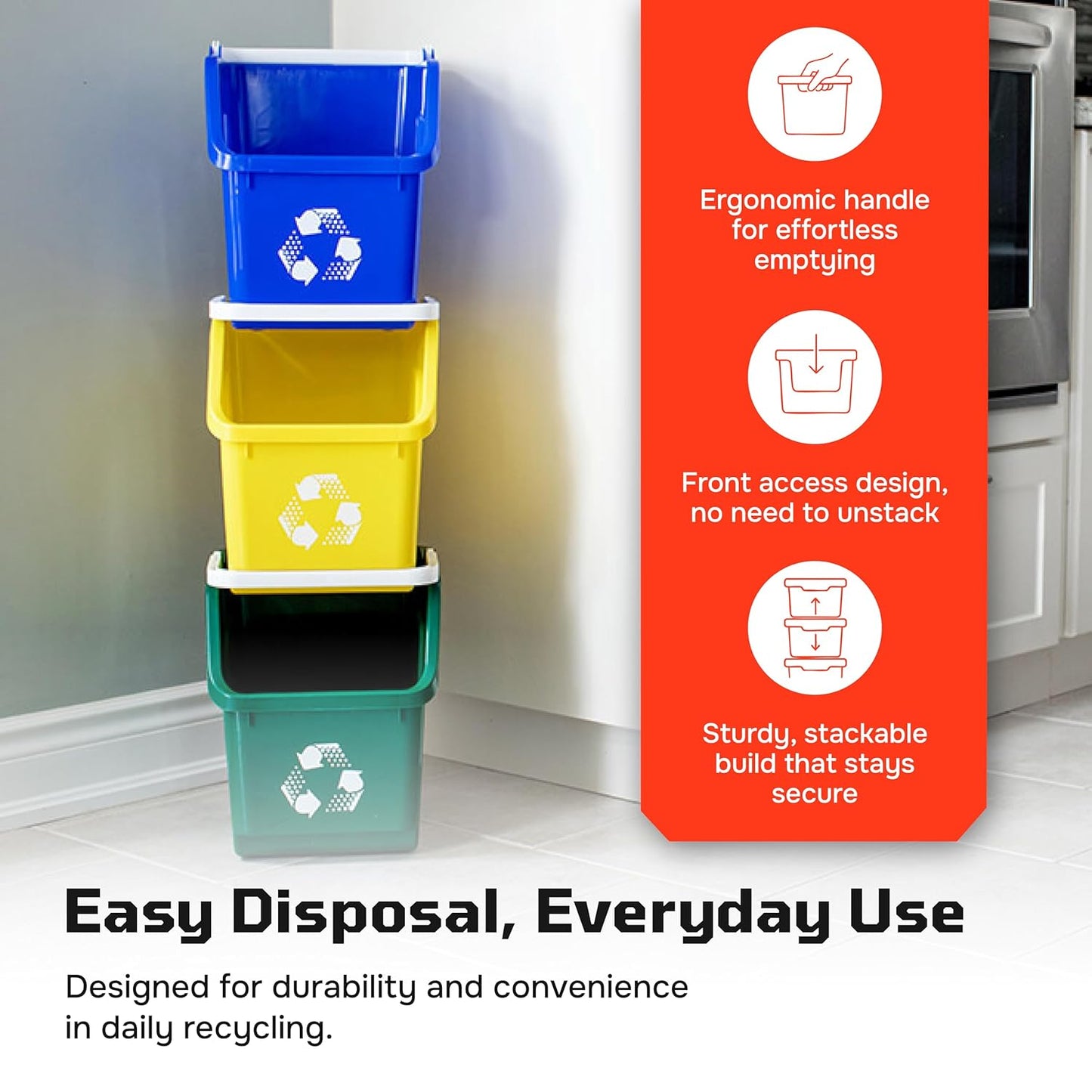 Multi Recycling Bin System with Three Stacking 6 Gallon Bins with Carrying Handles, Stackable and Compact for Offices, Homes, Garages, Businesses - (Yellow, 3 Pack)