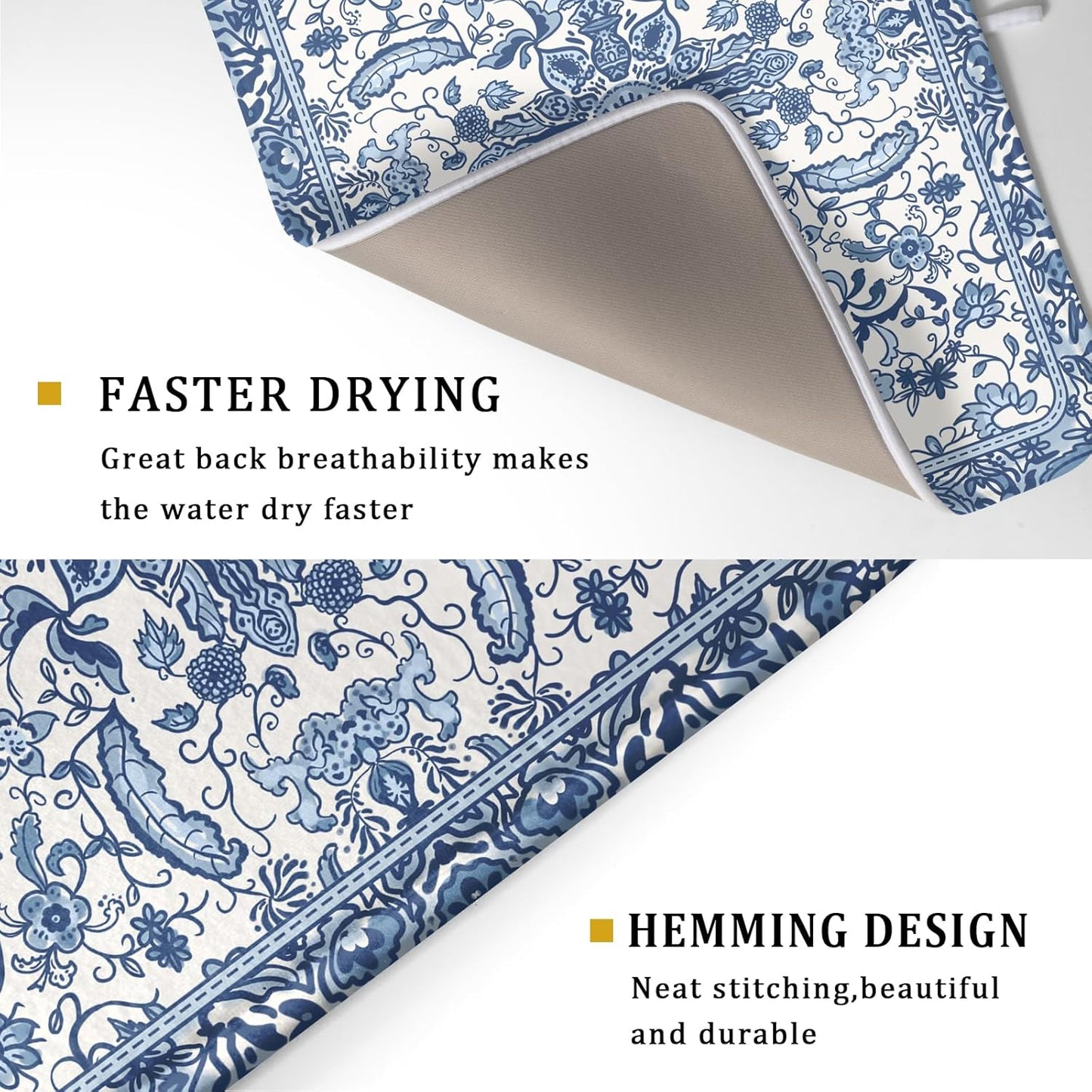 Chinoiserie Floral Dish Drying Mat for Kitchen Counter Blue and White Flowers Pattern Dish Drying Pad 18”x24”Absorbent Reversible Seasonal Decor Dishes Drainer Pad Dish Dry Rack Mat for Counter top