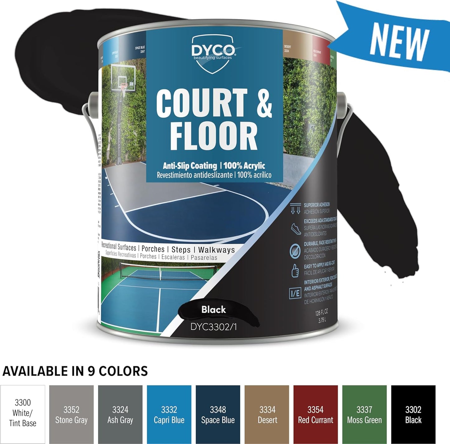 DYCO Court & Floor Anti-Slip Coating - Slip-Resistant Pavement, Cement & Concrete Paint for Pickleball, Tennis & Basketball Courts, Exceeds ADA Standards for Safety Areas (Black, 1 Gallon)