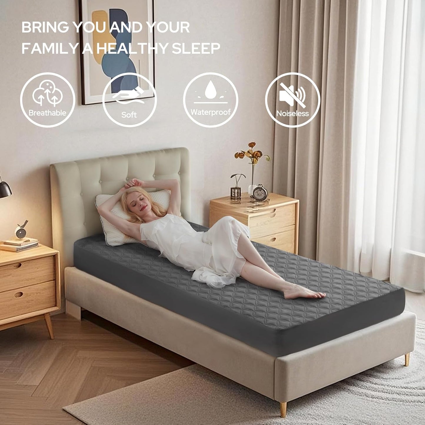 BEDLORE Waterproof Mattress Protector, Noiseless Twin Size Mattress Pad with Deep Pocket Fitted Up to 6"-15", Soft Breathable Dirt-Proof Single Bed Mattress Cover for Bedroom (Gray)