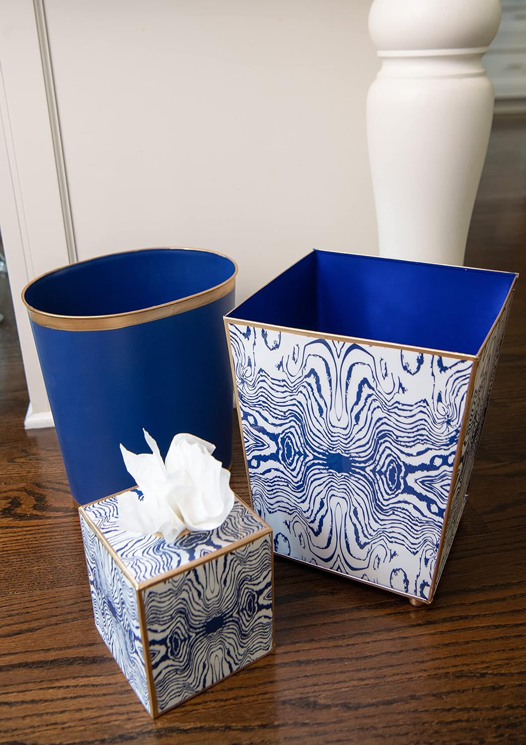 Jaye's Studio Decorative Waste Basket for Bathroom Trash Can Wastebasket, Oval Metal Trash Bin for Bedroom, Office, Blue Garbage Can for Dorm, Blue Trash Can Gold Office Decor, 12" x 10" x 8"
