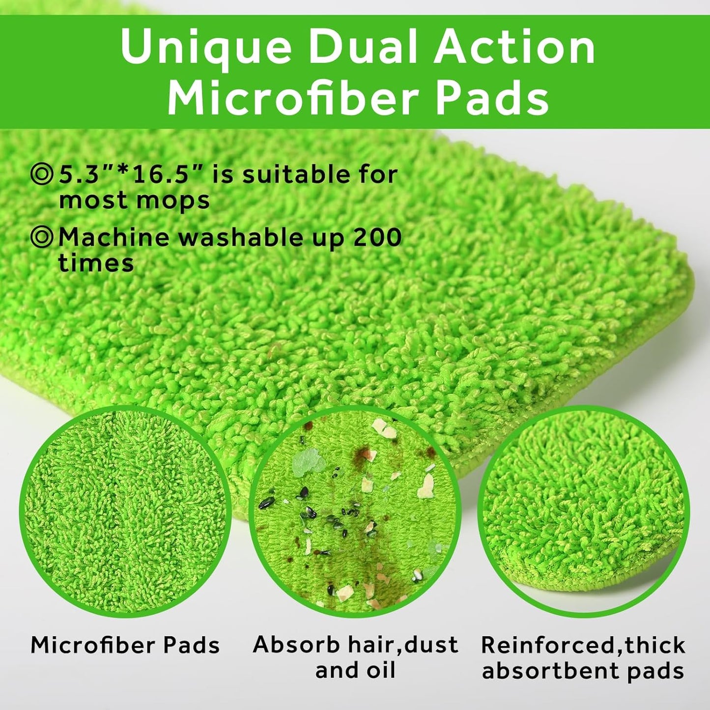 16.5 inch Mop Pads Refills, 3 Pack Microfiber Reusable Replacement Mop Pads Flat Replacements Heads for Wet Or Dry Floor Cleaning and Scrubbing, Green Cloth
