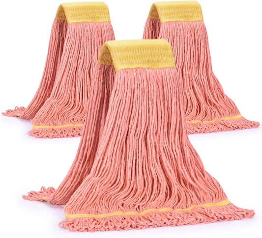 Matthew Cleaning Commercial Mop Head Replacement, 5 Inch Wide Headband, Looped End Cotton Blend String Wet Mops for Floor Cleaning, 24 oz Large, 3-Pack Orange