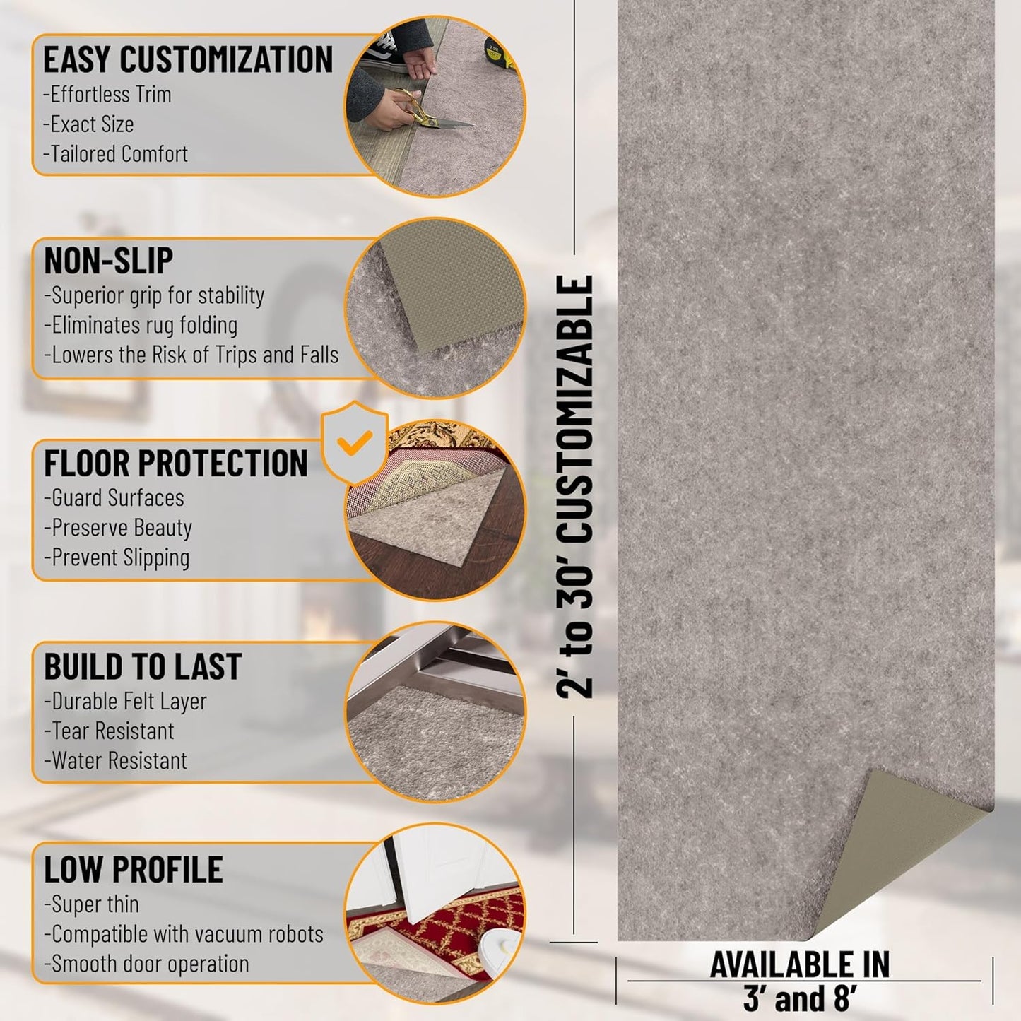 Ottomanson 3' x 3' Non-Slip Rug Pad Gripper 1/4 Inch Thick Dual Surface Felt + Rubber Gripper - Safe for All Floors, Brown