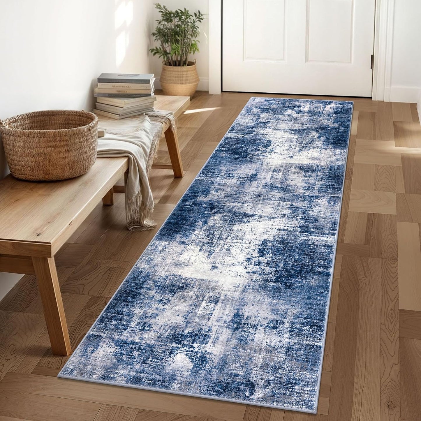 IOHOUZE Abstract Runner Rug 2x6 Ft Washable Runners for Hallways, Non Slip Kitchen Runner Printed Faux Wool Entryway Runner Indoor, Modern Abstract Floor Carpet for Hall Kitchen Bedroom, Navy/Grey