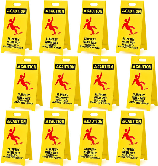 MATTHEW CLEANING 25'' Industrial Wet Floor Sign 12 Pack 2-Sided Durable Corrugated Plastic Birght Yellow Multilingual Warning Signs Commercial Caution Wet Fold-out Floor Signs For Indoors