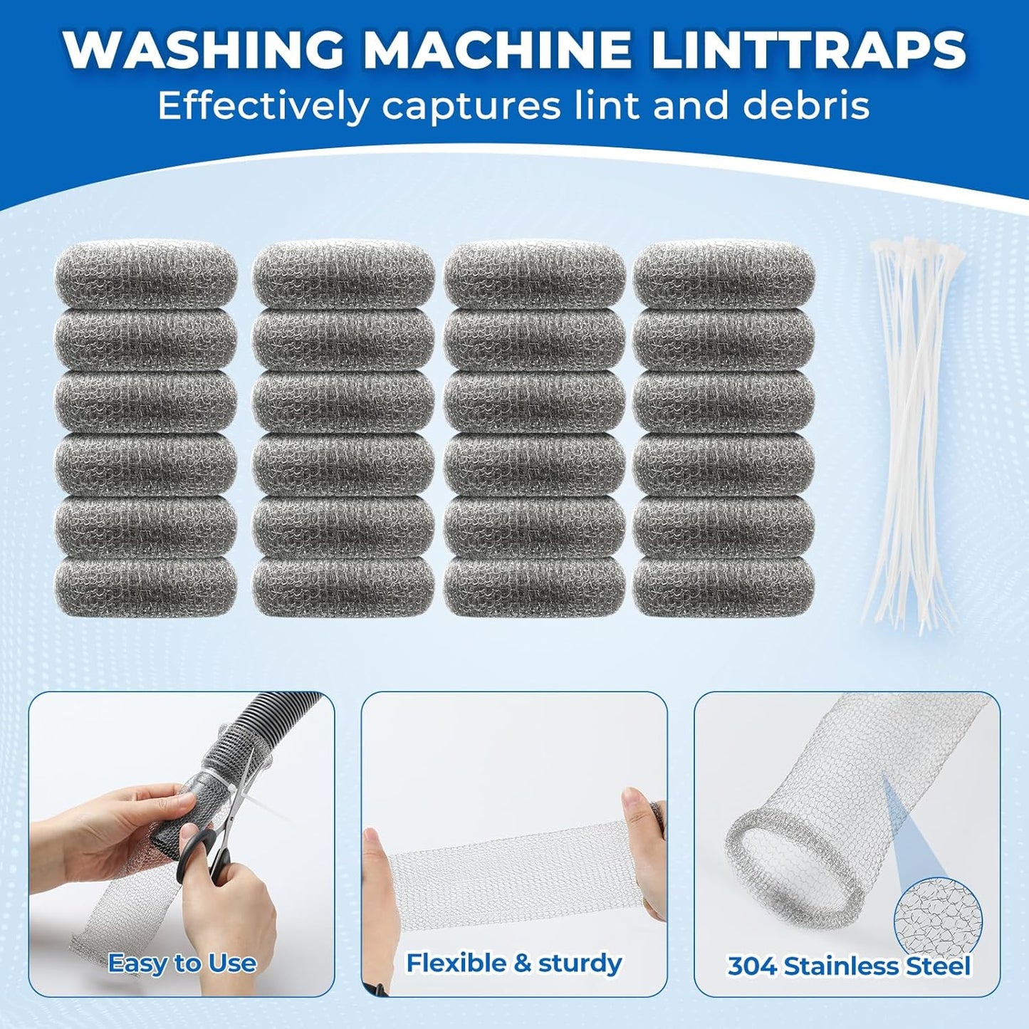 24 PCS Lint Traps, Stainless Steel Lint Catcher for Washing Machine, Pet Hair Remover for Laundry, Upgrade Traps Laundry Mesh Washer Hose Filter with 24 PCS Cable Ties