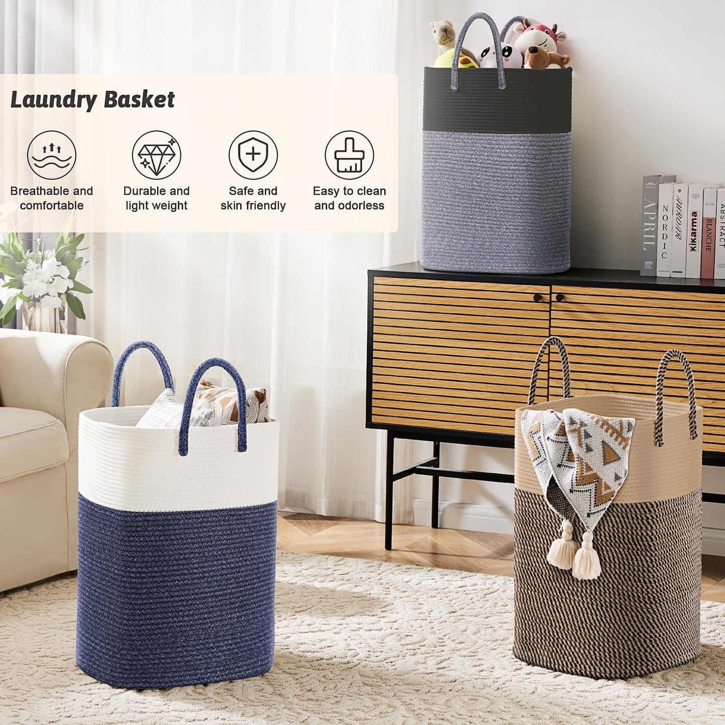Laundry Basket,Woven Cotton Rope Laundry Hamper,Versatile Storage for Dirty Clothes,Baby Toys,and Blankets in Bathroom, Nursery,and Living Room (Jute, 80L)