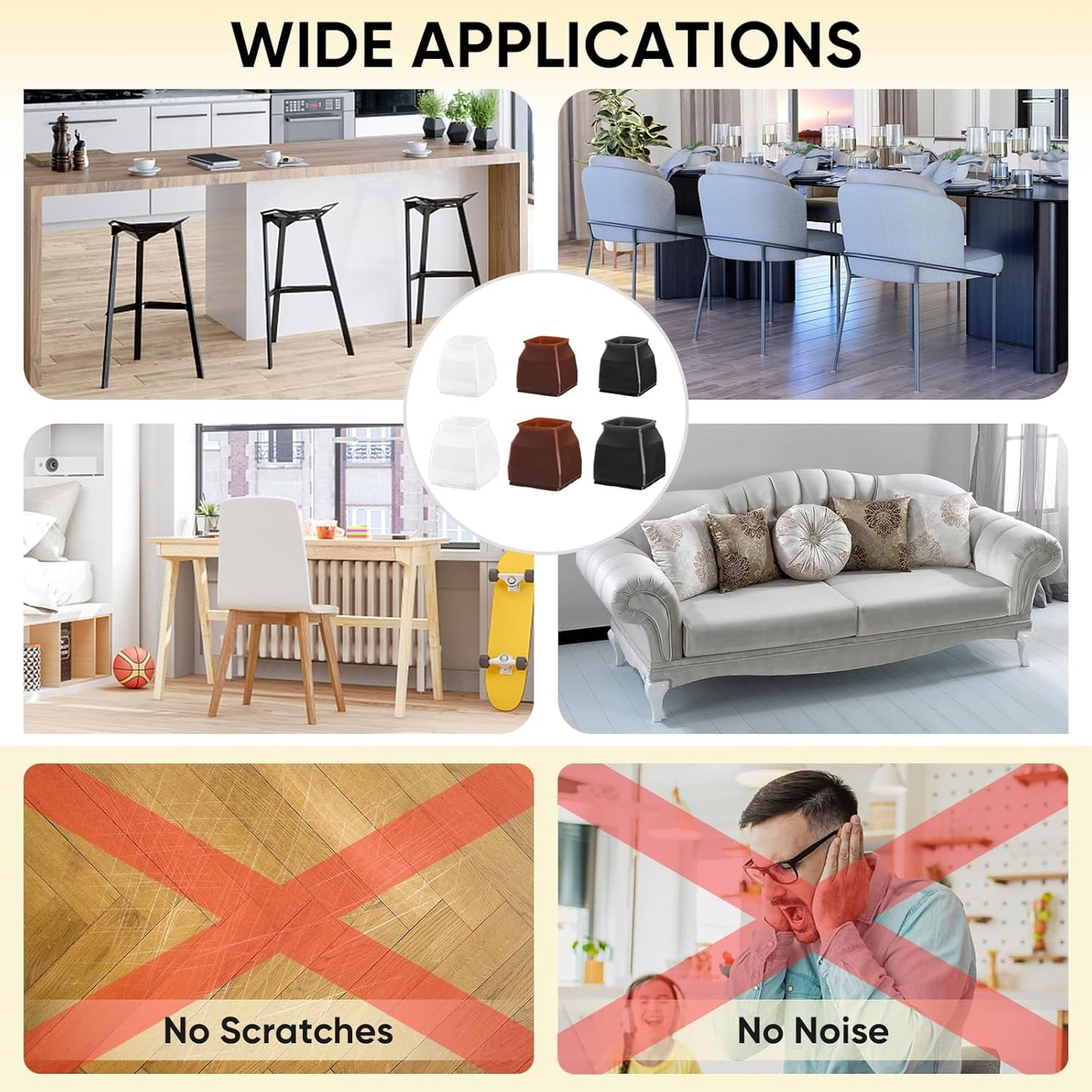 BALEINE 24 Pack Silicone Chair Leg Floor Protectors, Stool Leg Protectors Cap, Non-Slip Chair Leg Caps for Hardwood Floors (Black & Small (Square), 24 Pack)