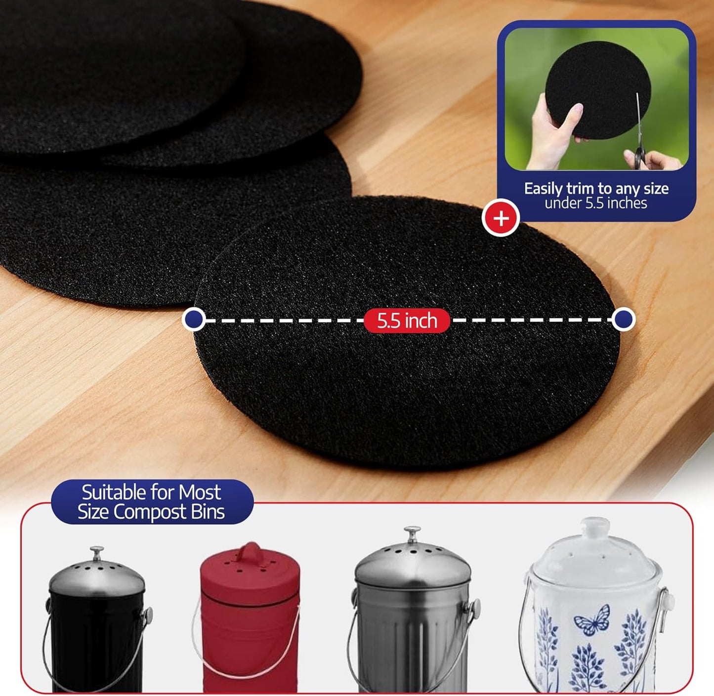 BioStrike Compost Crock - Activated Carbon Filters for Compost Bucket, Control Kitchen Odors, 5.5-inch Round, Made in USA (4 Count)