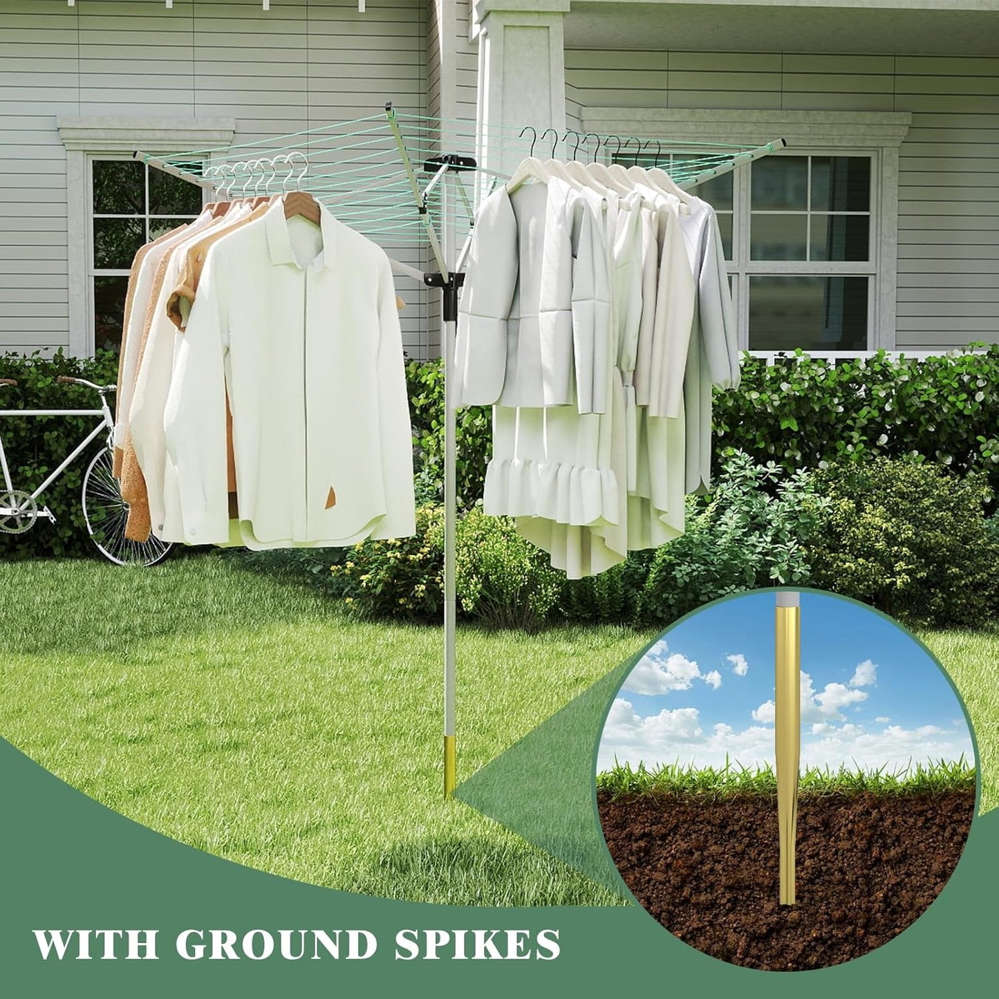 Outdoor Umbrella Drying Rack 165 Feet Umbrella Clothesline with 12 Lines Rotary Drying Rack Adjustable Height 4-Arm Foldable Clothes Drying Rack with Protective Cover for Backyard- Green