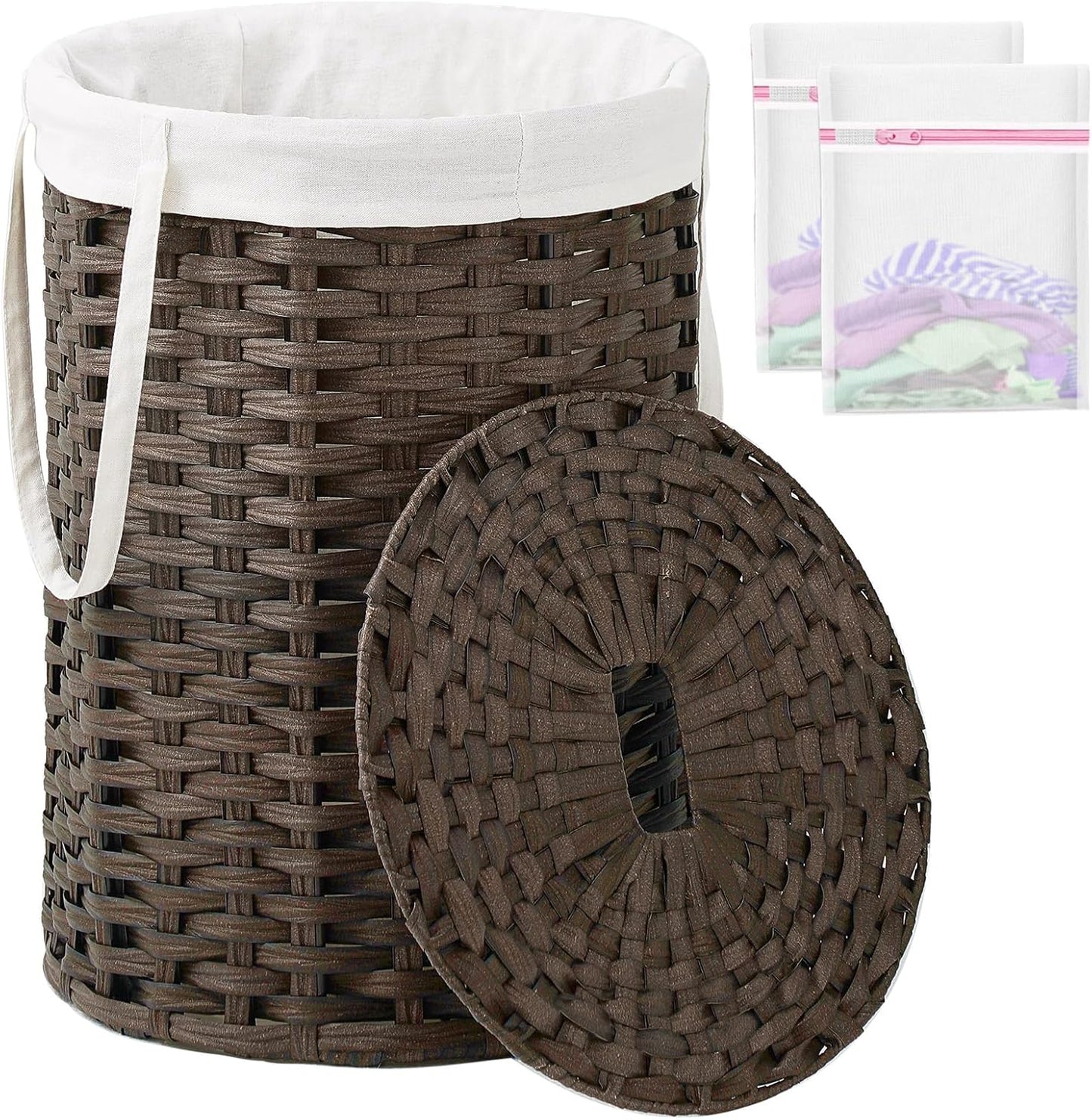 Laundry Hamper with Lid, 19.0 Gal (72 L) Round Wicker Laundry Basket, Handwoven Rattan Basket with Lid, Removable Bag, 2 Mesh Bags, Handles for Living Room, Bathroom, Brown