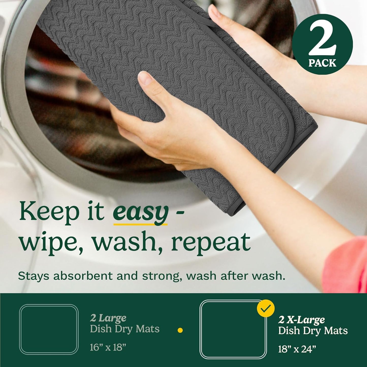 Cuisinart Dish Drying Mats for Kitchen Counter - (2) 18" x 24" Ultra Absorbent Dish Drying Mat XL - Foldable, Machine Washable, Fast Drying Dish Mat (Geostripe)