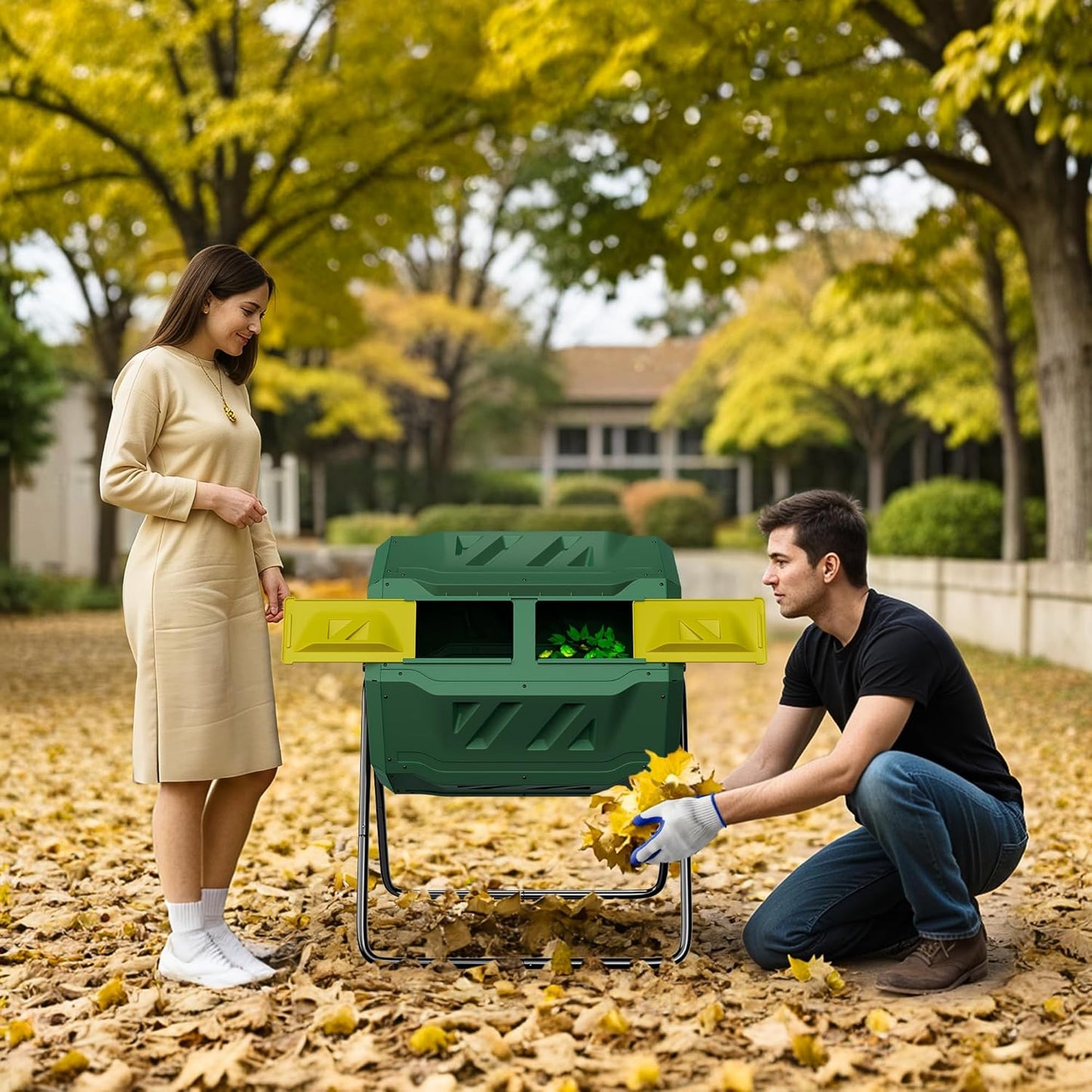 43 Gallon Outdoor Dual Chamber Tumbling Composter - BPA Free, Rotating Compost Bin with Sliding Doors & Steel Frame for Garden/Yard